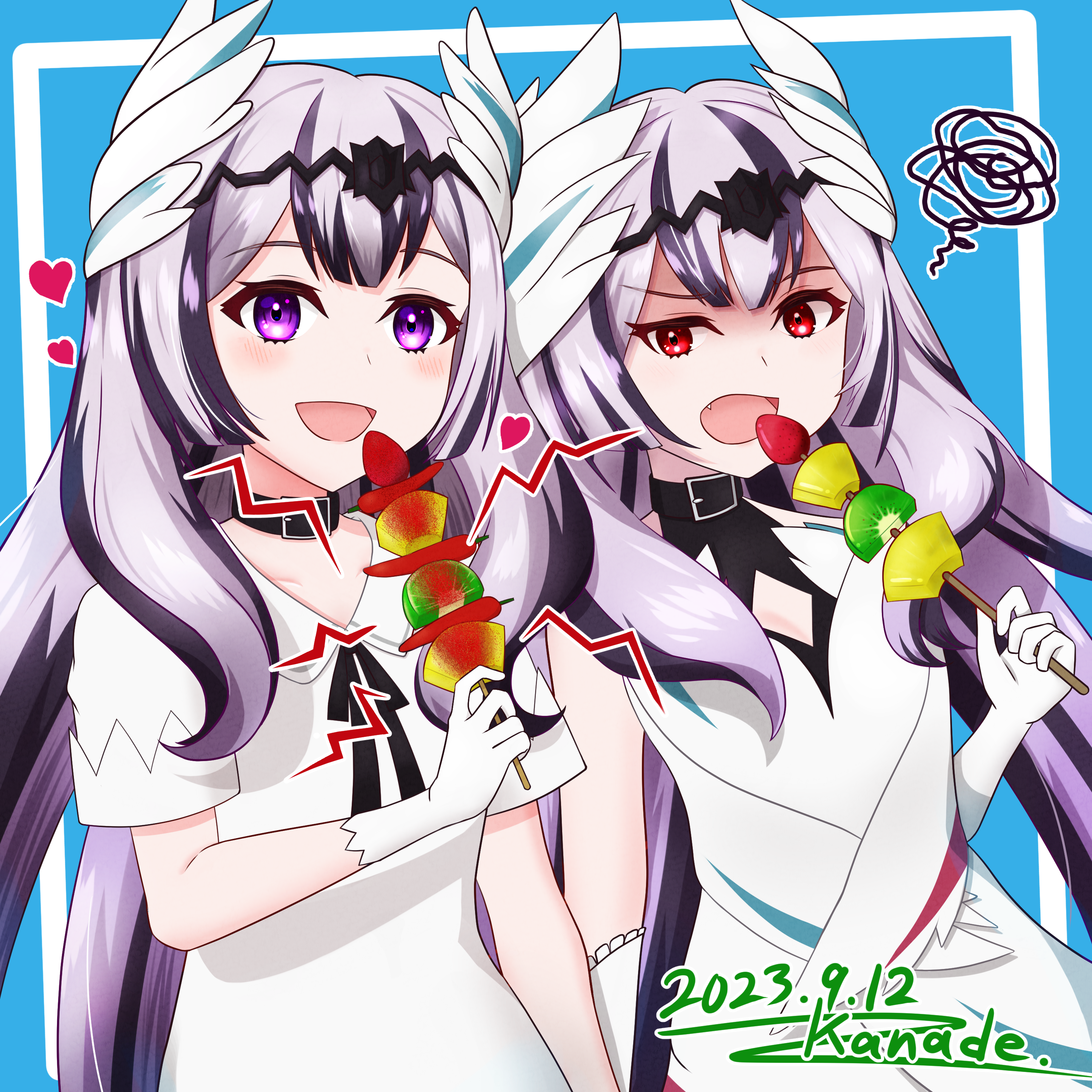 kanade20207, veyle (fell successor) (fire emblem), veyle (fire emblem), fire emblem, fire emblem engage, nintendo, absurdres, highres, 2girls, :d, alternate costume, annoyed, black choker, black hair, breasts, choker, cleavage, dark persona, grey hair, hair ornament, holding, holding skewer, long hair, looking at viewer, multicolored hair, multiple girls, official alternate eye color, open mouth, purple eyes, raised eyebrow, red eyes, skewer, small breasts, smile, two-tone hair, very long hair, wavy hair, wing hair ornament