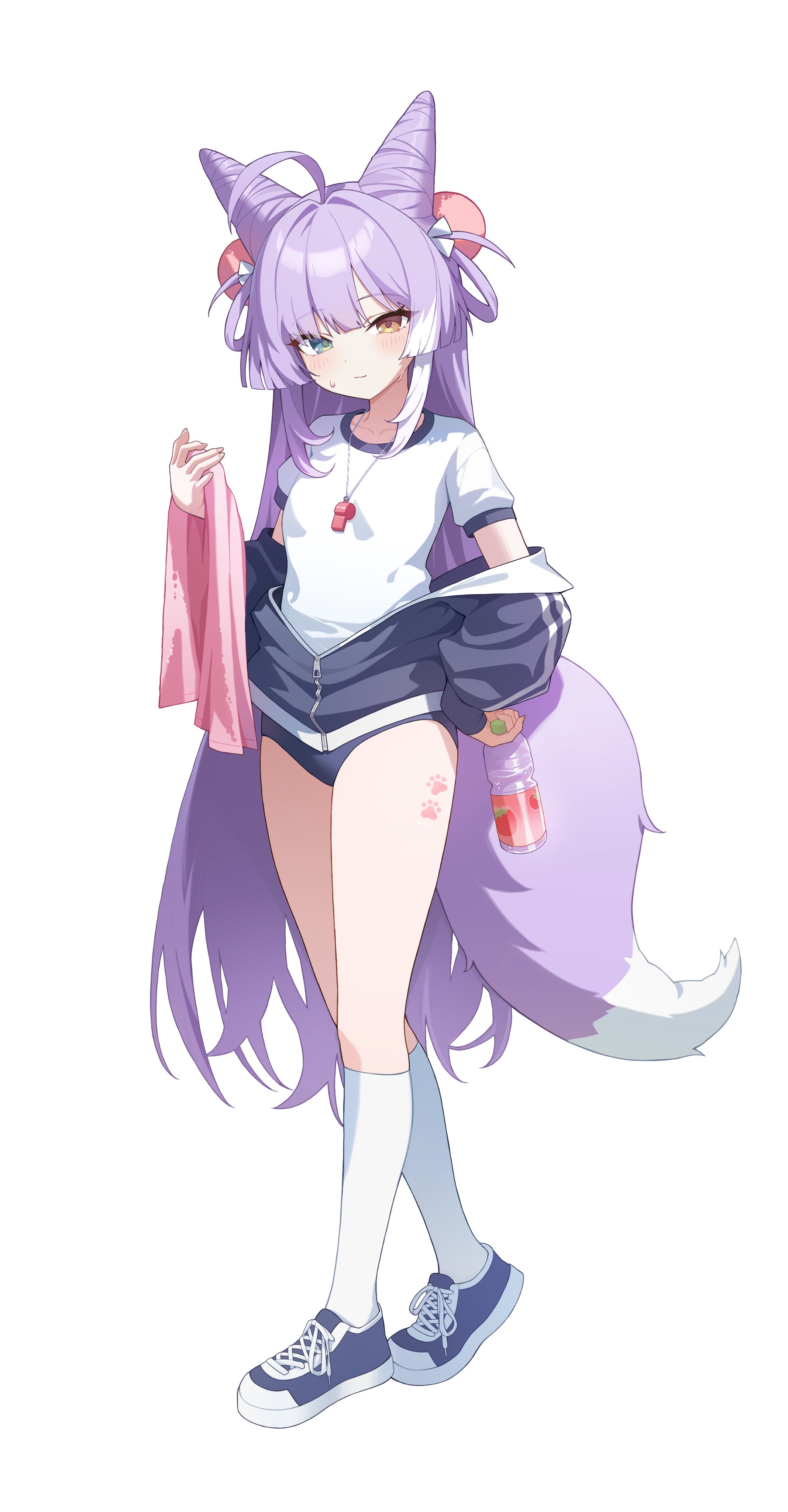 tenko shibuki, stellive, absurdres, highres, 1girl, blue buruma, blue eyes, blue jacket, brown eyes, buruma, como szsz, heterochromia, holding, holding towel, jacket, long hair, looking at viewer, purple hair, shirt, short shorts, shorts, simple background, socks, solo, thighs, towel, track jacket, white background, white shirt, white socks