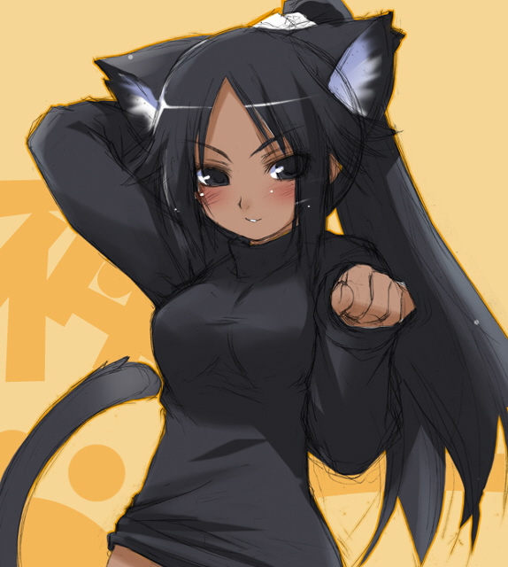 hakoiri nyanko, shihouin yoruichi, bleach, 00s, 1girl, animal ears, black hair, blush, breasts, cat ears, cat tail, dark-skinned female, dark skin, female focus, long hair, solo, tail, tan