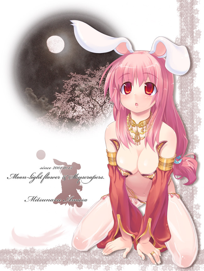amasa mitsunaru, ragnarok online, 1girl, animal ears, arm warmers, bandeau, blush, dancer, female focus, game, jewelry, long hair, lots of jewelry, necklace, pink hair, ponytail, rabbit ears, red eyes, ring, see-through clothes, solo