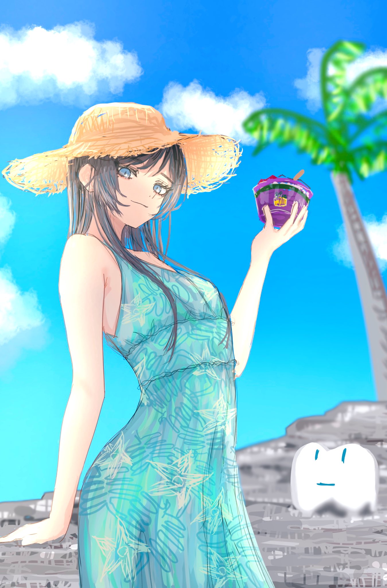 chando (ado), ado (utaite), commentary, english commentary, highres, 1girl, black hair, blue dress, blue eyes, bowl, breasts, brown hat, closed mouth, dress, fukase (ki16d6rjic81961), ha-chan (ado), hat, holding, holding bowl, mole, mole under eye, palm leaf, sidelocks, sleeveless, sleeveless dress, small breasts, solo, utaite
