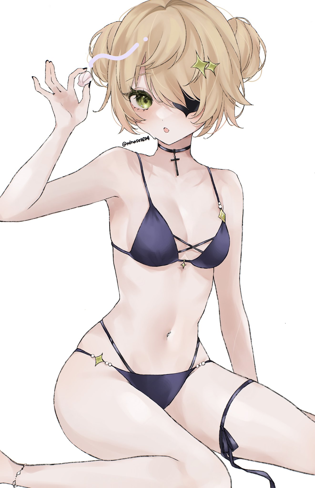 maguro (minase1684), fischl (genshin impact), genshin impact, commentary, highres, 1girl, :o, alternate costume, alternate hairstyle, bare shoulders, bikini, black bikini, black choker, blonde hair, breasts, choker, collarbone, eyepatch, feet out of frame, green eyes, hair ornament, hand up, holding seashell, looking at viewer, medium breasts, navel, simple background, sitting, solo, star (symbol), star hair ornament, stomach, swimsuit, thigh strap, white background