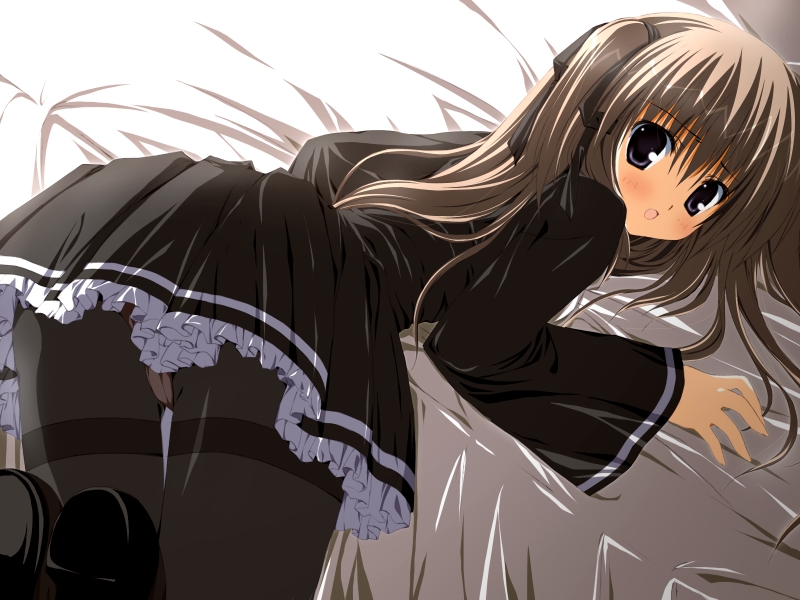 korie riko, despair witch, game cg, 1girl, bed, bent over, blush, brown hair, crotch seam, dress, female focus, long hair, panties, panties under pantyhose, pantyhose, pantyshot, purple eyes, school uniform, serafuku, skirt, solo, thighband pantyhose, twintails, underwear, upskirt