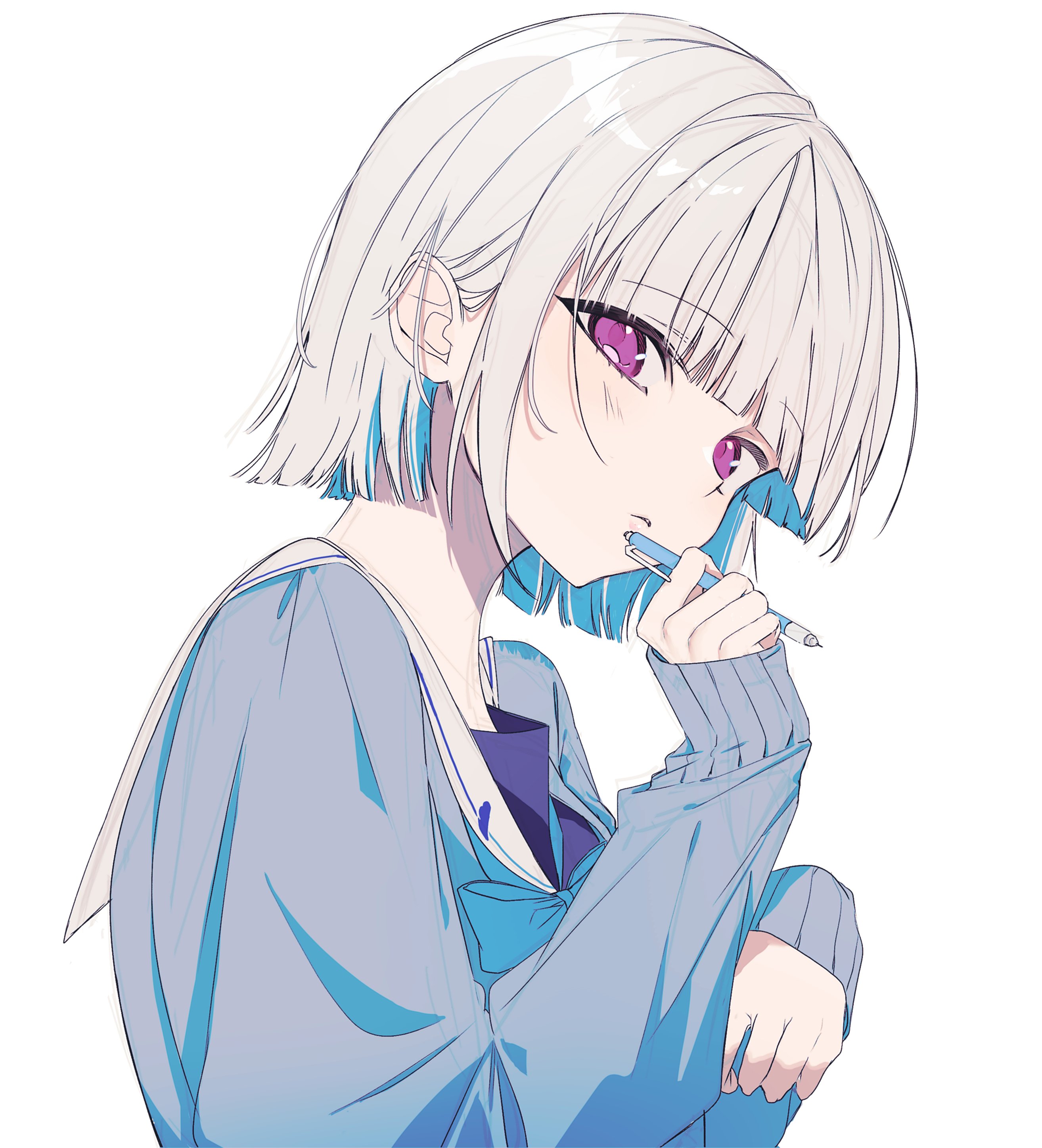 p kotai, lize helesta, lize helesta (4th costume), nijisanji, absurdres, highres, 1girl, blue cardigan, blue hair, blue serafuku, bob cut, cardigan, colored inner hair, holding, holding pencil, mechanical pencil, multicolored hair, official alternate costume, pencil, purple eyes, sailor collar, school uniform, serafuku, short hair, simple background, solo, straight hair, two-tone hair, upper body, virtual youtuber, white background, white hair, white sailor collar