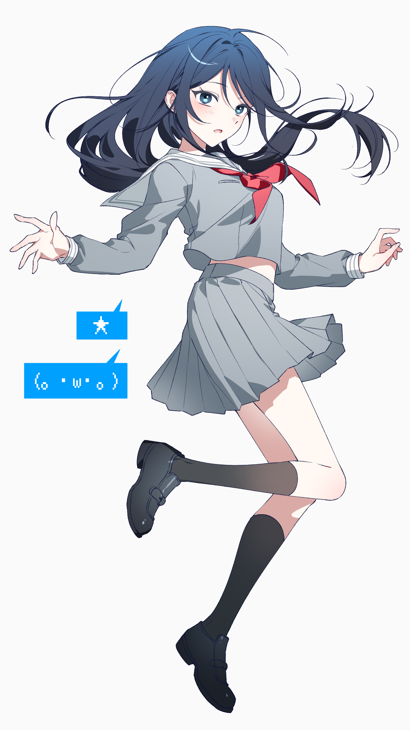 mikan (migwang), hoshino ichika (project sekai), project sekai, commentary, highres, 1girl, black hair, black shoes, black socks, blue eyes, floating hair, full body, grey serafuku, grey shirt, grey skirt, kneehighs, loafers, long hair, long sleeves, midriff, miyamasuzaka girls' academy school uniform, neckerchief, open mouth, pleated skirt, red neckerchief, sailor collar, school uniform, serafuku, shirt, shoes, simple background, skirt, socks, solo, white background, white sailor collar