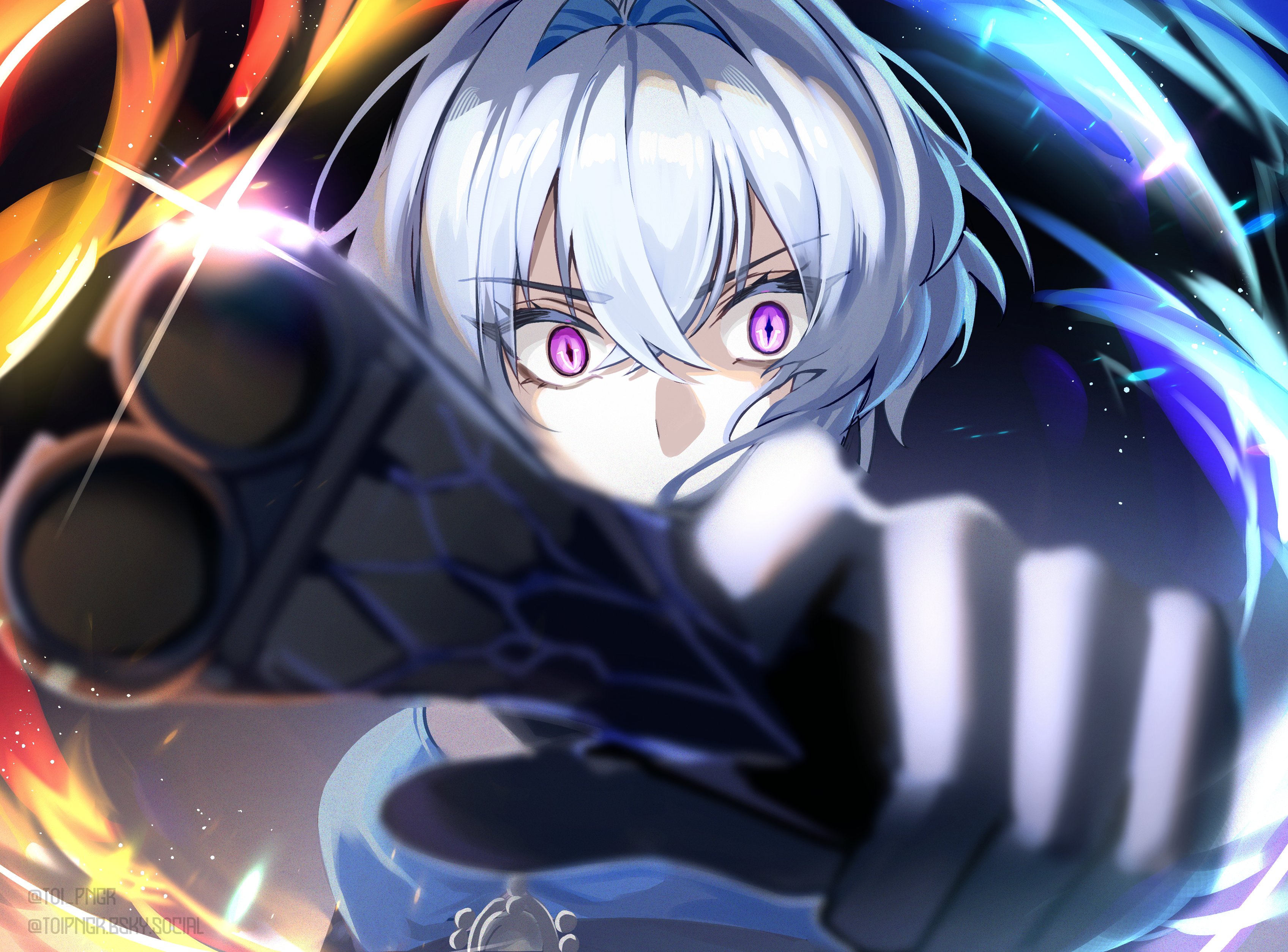 toi pngr, galbrena (wuthering waves), wuthering waves, absurdres, commentary, highres, 1girl, aiming, aiming at viewer, artist name, black gloves, blue bra, blurry, blurry foreground, bra, breasts, glint, gloves, grey hair, gun, hair between eyes, hair intakes, holding, holding gun, holding weapon, looking at viewer, medium breasts, purple eyes, short hair, solo, underwear, v-shaped eyebrows, weapon
