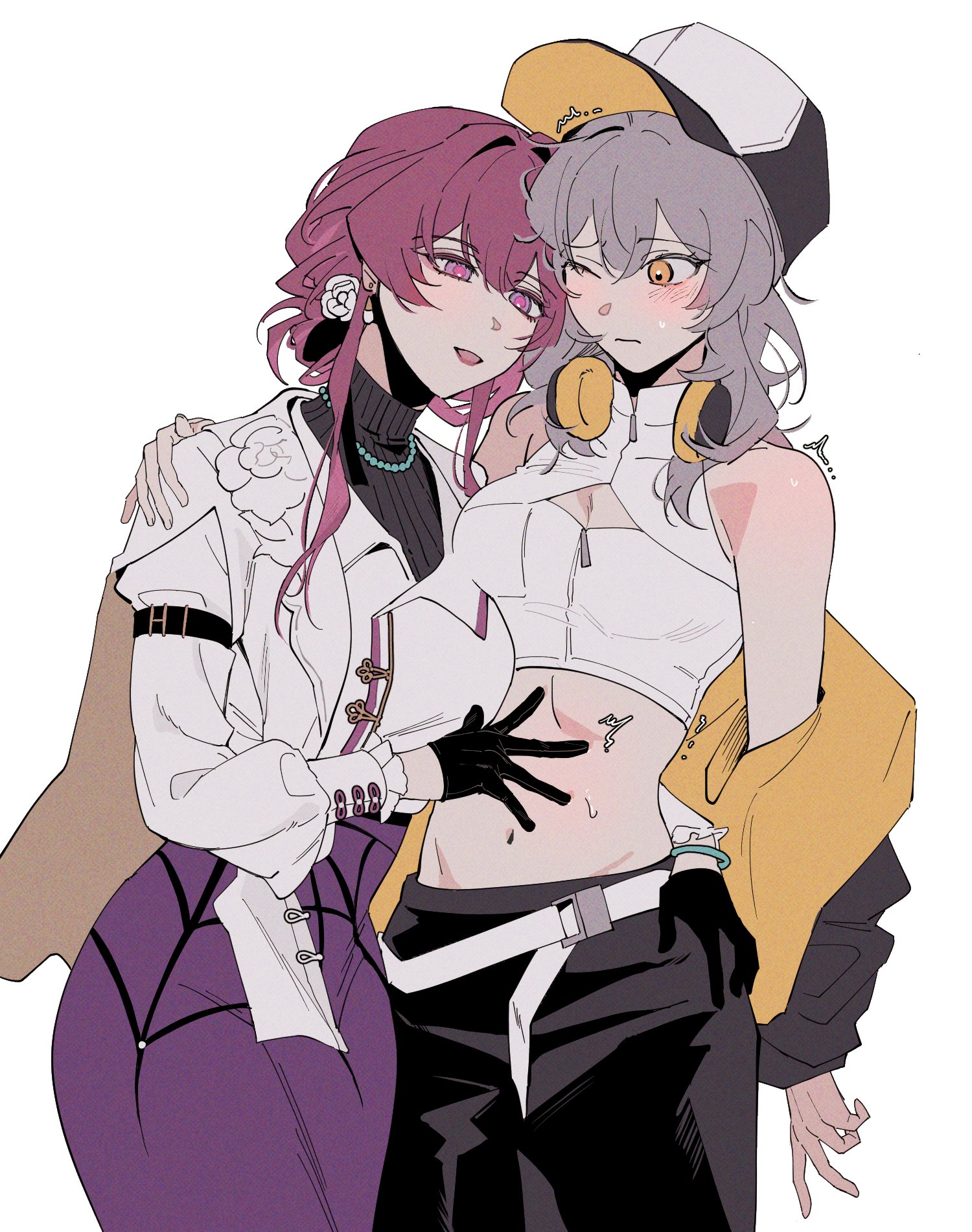 d0600059994959, kafka (honkai: star rail), stelle (honkai: star rail), trailblazer (honkai: star rail), honkai: star rail, honkai (series), commentary, commission, english commentary, highres, second-party source, 2girls, baseball cap, black gloves, black hat, black skirt, blush, crop top, earrings, flower, gloves, grey hair, hand on another's shoulder, hand on another's stomach, hat, headphones, headphones around neck, jacket, jewelry, long hair, midriff, multiple girls, navel, necklace, off shoulder, one eye closed, open mouth, purple eyes, purple hair, purple skirt, shirt, simple background, skirt, stud earrings, sweat, white background, white flower, white shirt, yellow eyes, yuri