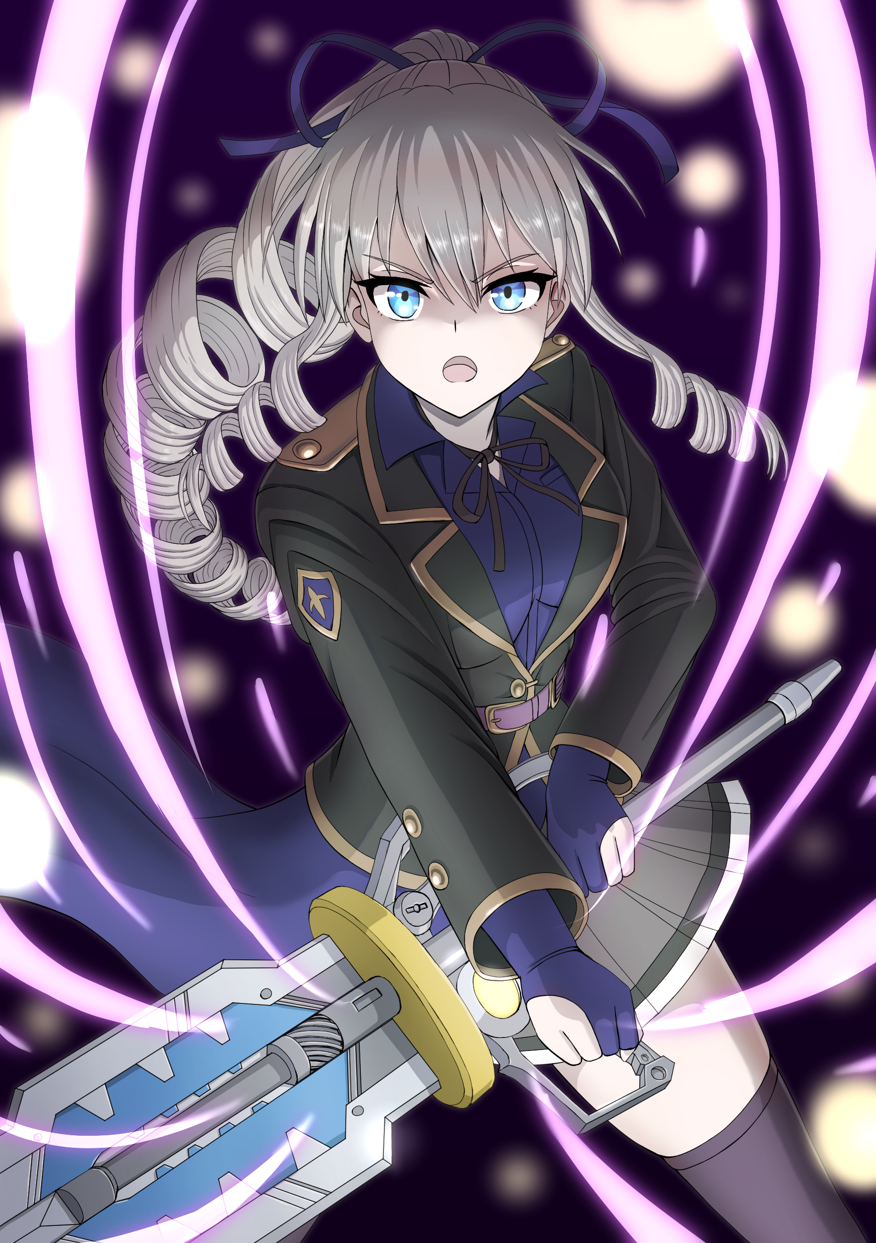 yadoo, assault lily, absurdres, commentary request, highres, 1girl, belt, belt buckle, black background, black jacket, black ribbon, blue eyes, blurry, blurry background, breasts, brown thighhighs, buckle, collared shirt, cowboy shot, drill hair, drill ponytail, drill sidelocks, energy, fighting stance, floating hair, gloves, grey hair, grey skirt, hair between eyes, hair ribbon, hands up, high belt, high ponytail, holding, holding sword, holding weapon, jacket, legs apart, long hair, long sleeves, looking at viewer, medium breasts, miniskirt, neck ribbon, open mouth, partially fingerless gloves, pink belt, pleated skirt, ponytail, purple gloves, purple ribbon, purple shirt, ribbon, school uniform, sengo yuuna, shirt, sidelocks, skirt, solo, standing, sword, thighhighs, v-shaped eyebrows, waist cape, weapon