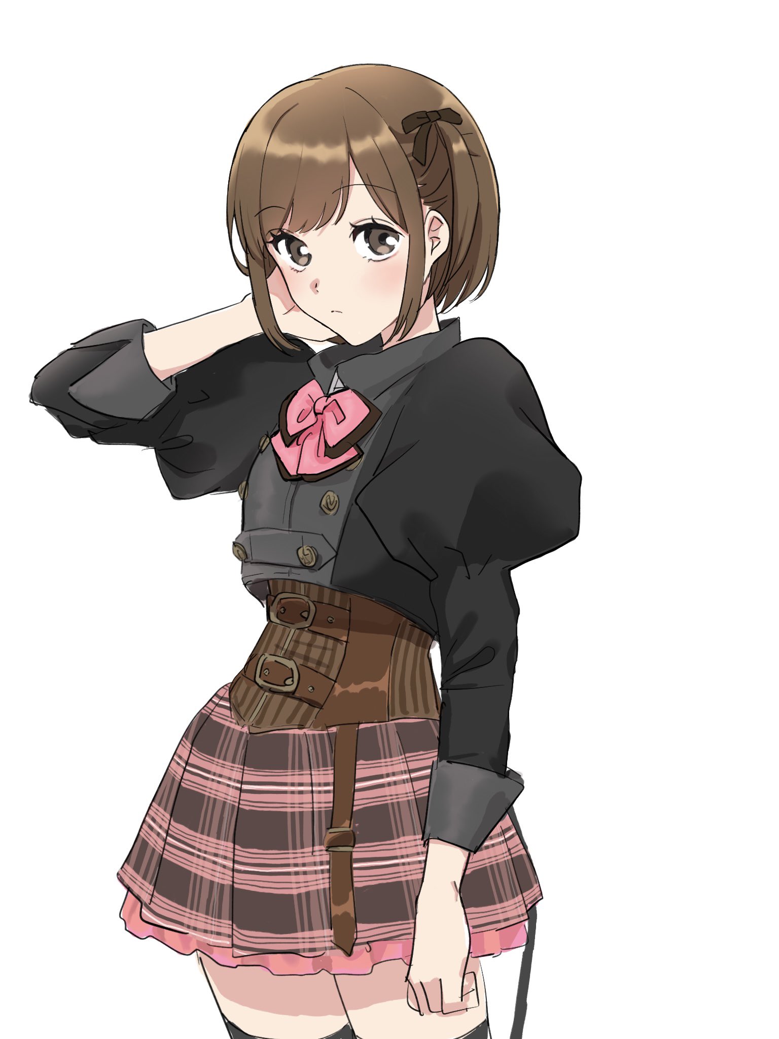 shakeza, amamiya sophia seren, assault lily, commentary, highres, 1girl, arm at side, belt, belt buckle, black bow, black jacket, black thighhighs, blush, bow, bowtie, brown belt, brown eyes, brown hair, brown skirt, buckle, closed mouth, corset, frilled skirt, frills, hair bow, hand on own cheek, hand on own face, hand up, jacket, juliet sleeves, long sleeves, looking at viewer, ludvico private girls' academy school uniform, miniskirt, one side up, pink bow, pink bowtie, plaid clothes, plaid skirt, puffy sleeves, school uniform, short hair, simple background, skirt, solo, thighhighs, white background, zettai ryouiki