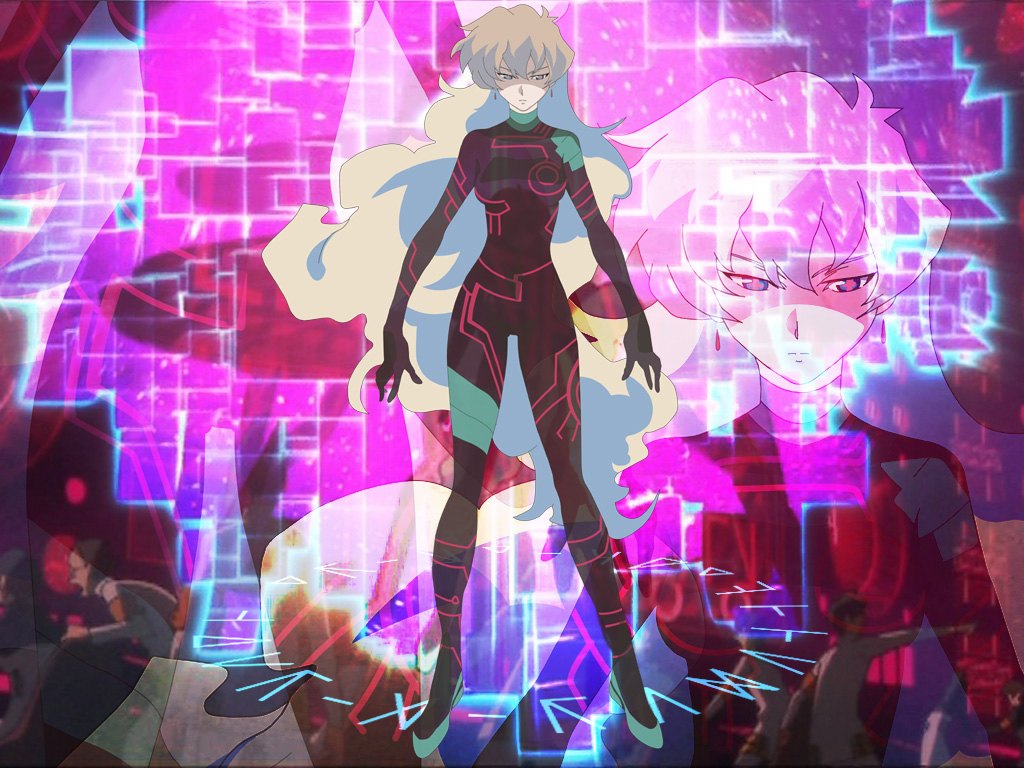 antispiral nia, nia teppelin, tengen toppa gurren lagann, + +, 00s, 1girl, blonde hair, blue eyes, blue hair, bodysuit, breasts, dark persona, earrings, expressionless, jewelry, long hair, multicolored hair, neon trim, skin tight, symbol-shaped pupils, two-tone hair