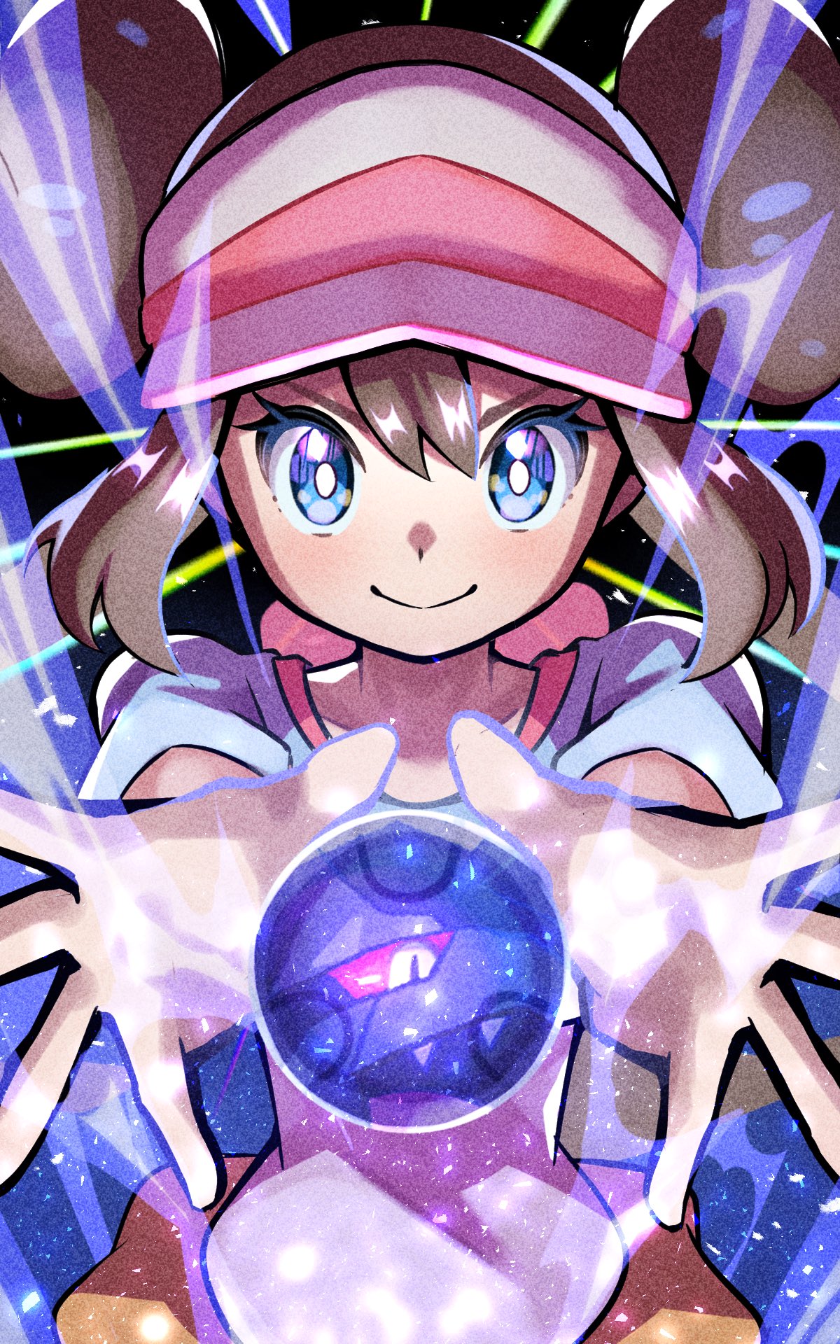 inana umi, rosa (pokemon), zekrom, nintendo, pokemon, pokemon bw2, highres, 1girl, blue eyes, blush, brown hair, double bun, gen 5 pokemon, hair bun, hat, legendary pokemon, long hair, orb, outstretched hand, raglan sleeves, shirt, smile, solo, twintails, visor cap