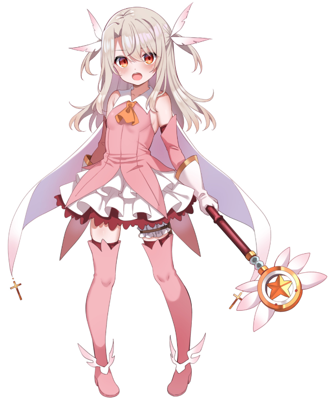 touchuu kasou, illyasviel von einzbern, kaleidostick, magical ruby, prisma illya, fate/kaleid liner prisma illya, fate (series), 1girl, ascot, bare shoulders, blush, boots, breasts, cape, dress, elbow gloves, feather hair ornament, feathers, full body, gloves, hair ornament, layered gloves, long hair, looking at viewer, pink boots, pink dress, pink gloves, red eyes, sidelocks, skirt, small breasts, thigh boots, two side up, wand, white cape, white gloves, white hair, white skirt