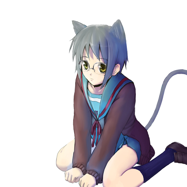 chiyo (artist), nagato yuki, suzumiya haruhi no yuuutsu, 00s, animal ears, bow, cardigan, cat ears, cat tail, glasses, grey hair, kneehighs, school uniform, serafuku, short hair, skirt, socks, solo, tail, yellow eyes