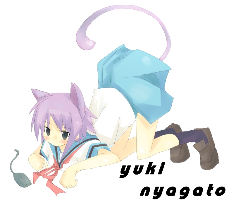 kanikama, nagato yuki, suzumiya haruhi no yuuutsu, 00s, animal ears, black eyes, blush, bow, cat ears, cat tail, kneehighs, mouse (animal), purple hair, school uniform, seiuku, serafuku, short hair, skirt, socks, solo, tail