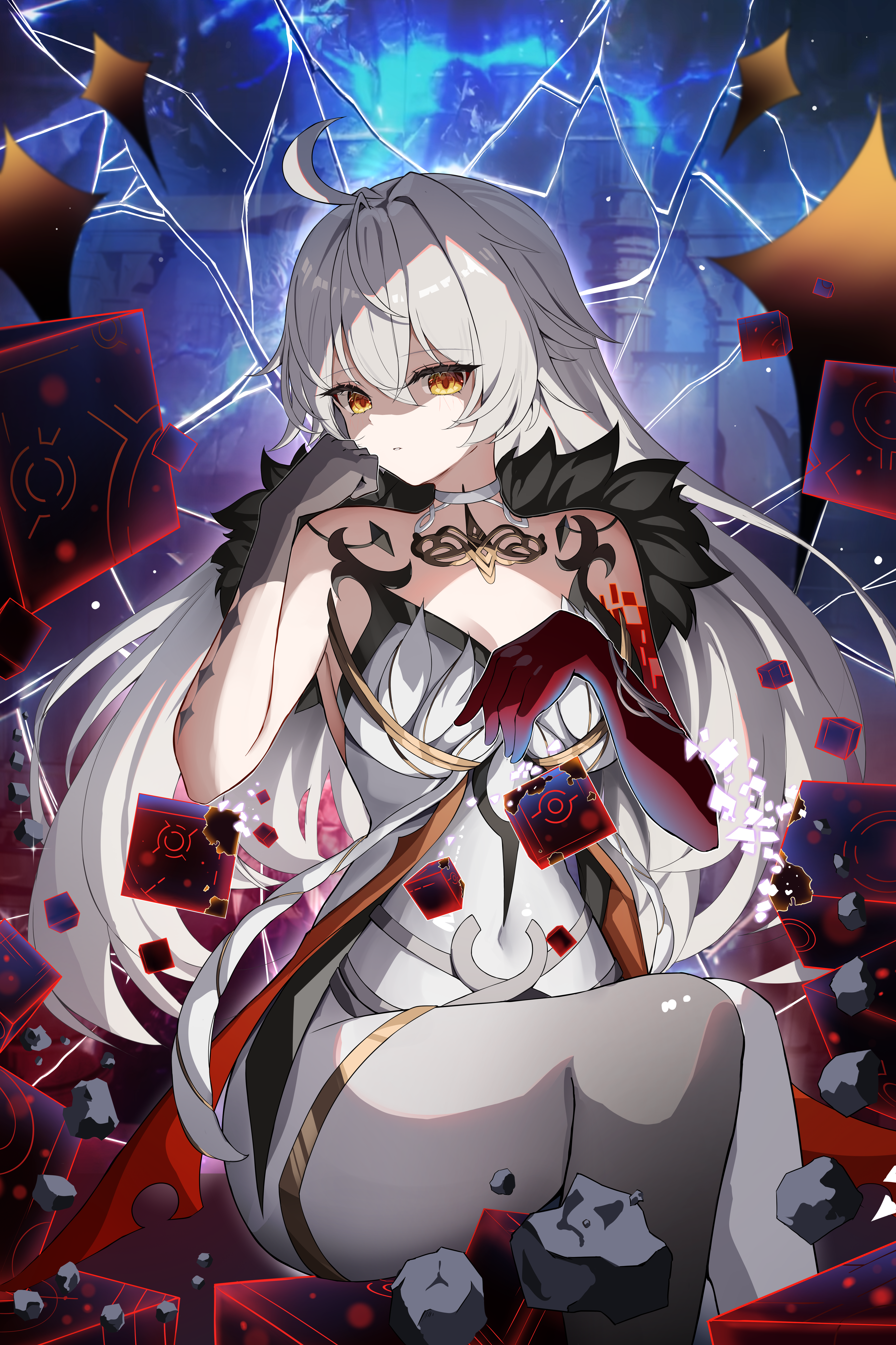 yeni1871, asmoday (genshin impact), genshin impact, absurdres, highres, 1girl, ahoge, bare shoulders, black hands, bodysuit, breasts, broken glass, cleavage, colored extremities, covered navel, floating hair, glass, grey hair, hair between eyes, long hair, looking at viewer, parted lips, red hands, sitting, solo, very long hair, white bodysuit, yellow eyes
