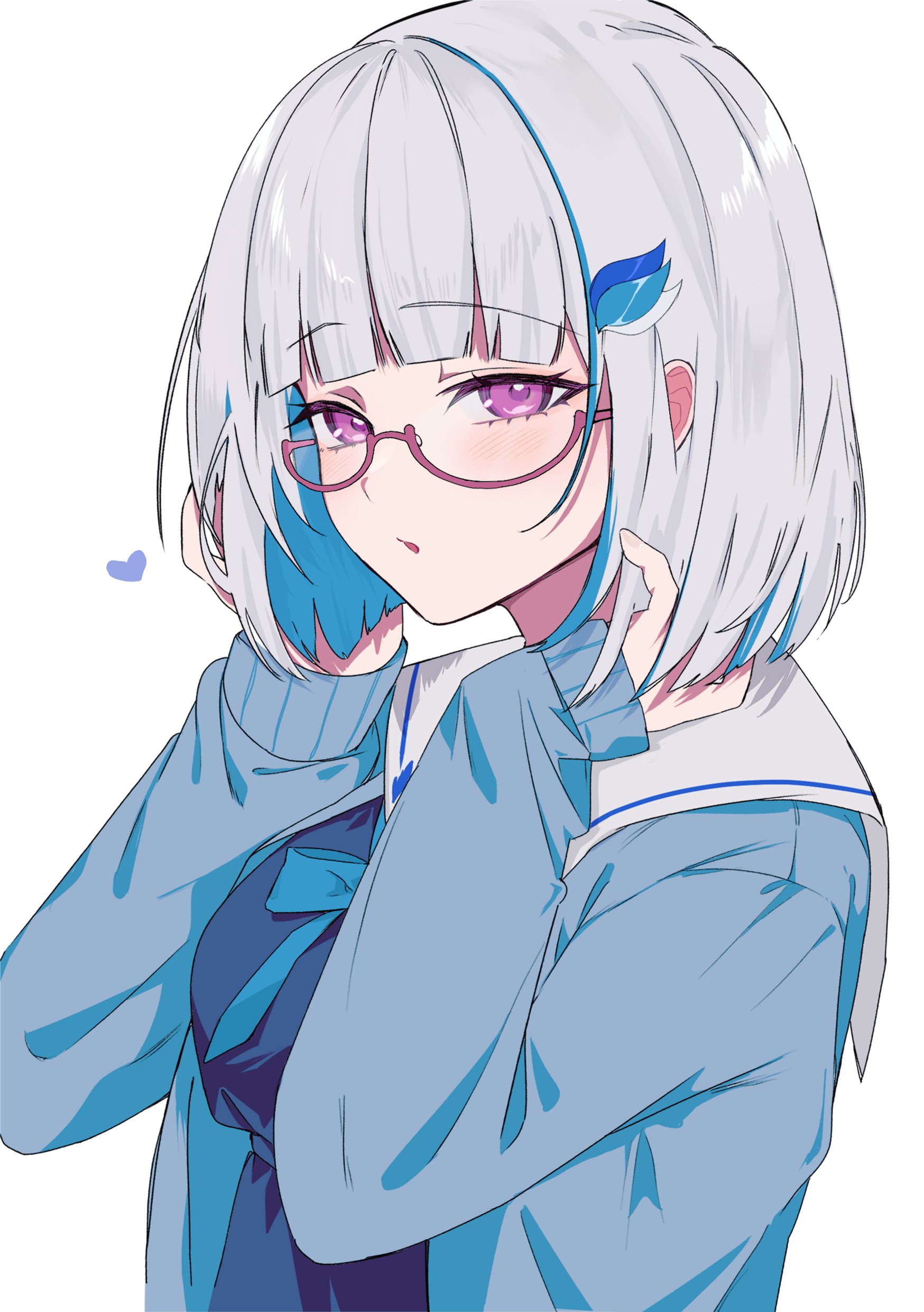 p kotai, lize helesta, lize helesta (4th costume), nijisanji, absurdres, highres, 1girl, blue cardigan, blue hair, blue serafuku, cardigan, colored inner hair, glasses, hair ornament, hairclip, looking at viewer, multicolored hair, official alternate costume, purple eyes, sailor collar, school uniform, serafuku, short hair, simple background, solo, two-tone hair, upper body, virtual youtuber, white background, white hair, white sailor collar