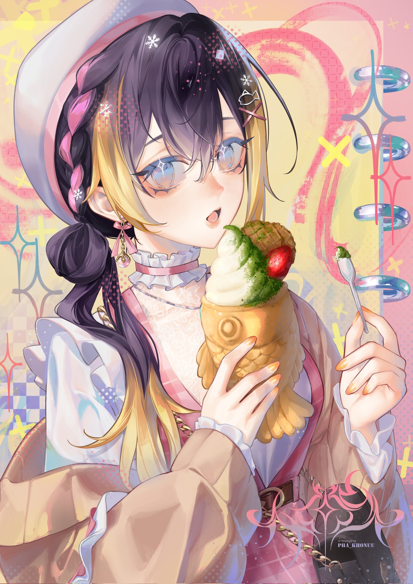 pha khonuu, petra gurin, petra gurin (spring casual), nijisanji, nijisanji en, highres, 1girl, artist logo, beret, black hair, blonde hair, blue eyes, brown cardigan, cardigan, choker, dress, earrings, fish hair ornament, food, frilled choker, frills, hair ornament, hat, holding, holding food, holding spoon, ice cream, jewelry, logo, long hair, long sleeves, low side ponytail, multicolored hair, open mouth, orange nails, pink dress, pink hair, plaid clothes, plaid dress, snowflake hair ornament, solo, spoon, streaked hair, taiyaki, virtual youtuber, wagashi, white hat