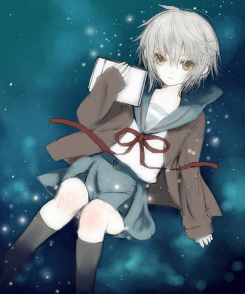shiratama shima, nagato yuki, suzumiya haruhi no yuuutsu, eyebrows, 00s, 1girl, black socks, blue background, blue skirt, book, bow, brown eyes, cardigan, female focus, glowing, grey hair, kneehighs, long sleeves, miniskirt, open cardigan, open clothes, red ribbon, ribbon, school uniform, serafuku, short hair, skirt, socks, solo, yellow eyes
