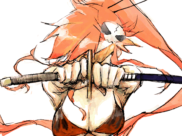 moyashi (narukami), yoko littner, tengen toppa gurren lagann, 00s, 1girl, bikini, bikini top only, breasts, cleavage, covered face, female focus, fighting stance, goggles, holding, holding sword, holding weapon, kamina shades, katana, long hair, orange hair, ready to draw, red hair, sheath, sheathed, simple background, solo, sunglasses, swimsuit, sword, tinted eyewear, weapon, white background