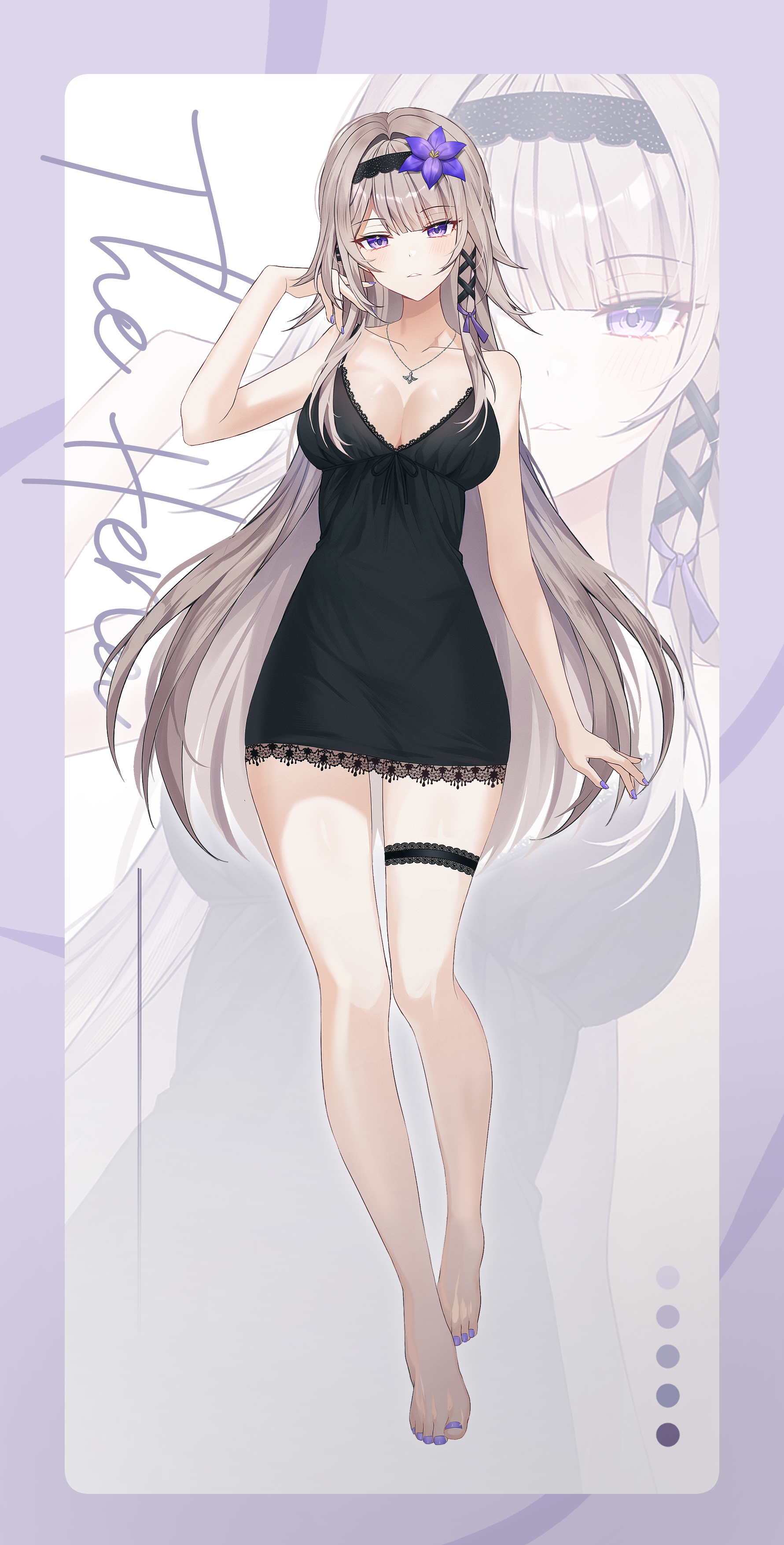 seno (senohime), herta (honkai: star rail), the herta (honkai: star rail), honkai: star rail, honkai (series), absurdres, commentary, highres, 1girl, alternate costume, bare legs, bare shoulders, barefoot, black dress, black hairband, breasts, character name, cleavage, collarbone, color guide, dress, fingernails, flower, full body, grey hair, hair flower, hair ornament, hair ribbon, hairband, hand up, jewelry, large breasts, legs, long hair, looking at viewer, nail polish, necklace, parted lips, purple eyes, purple flower, purple nails, purple ribbon, ribbon, solo, thigh strap, thighs, toenail polish, toenails, very long hair, zoom layer
