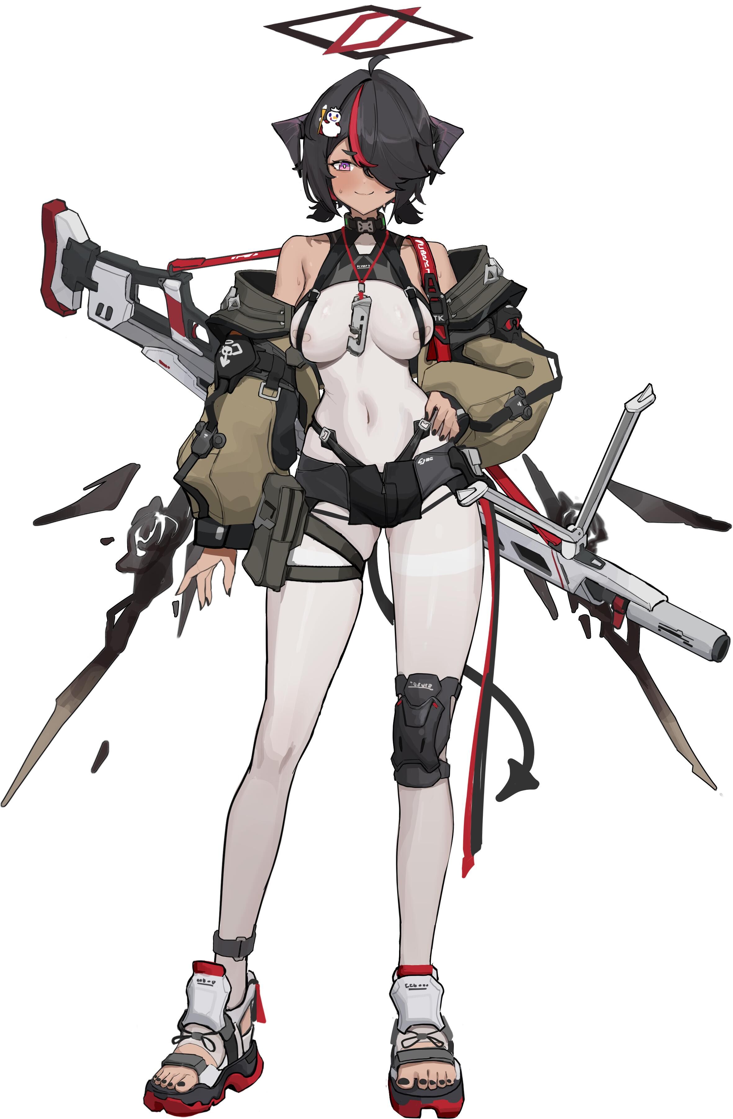 original, absurdres, highres, 1girl, ammunition pouch, bare shoulders, black hair, black nails, bodysuit, breasts, clenched teeth, gun, halo, hand on own hip, knee pads, large breasts, looking at viewer, low twintails, medium hair, multicolored hair, navel, open mouth, patch, pouch, purple eyes, red hair, shoes, short shorts, shorts, single knee pad, skin tight, skindentation, smile, sneakers, solo, standing, stirrup legwear, stomach, streaked hair, sweatdrop, teeth, thigh strap, tian dong wu yu, toeless legwear, tomboy, turtleneck, turtleneck bodysuit, twintails, weapon, white background, white bodystocking