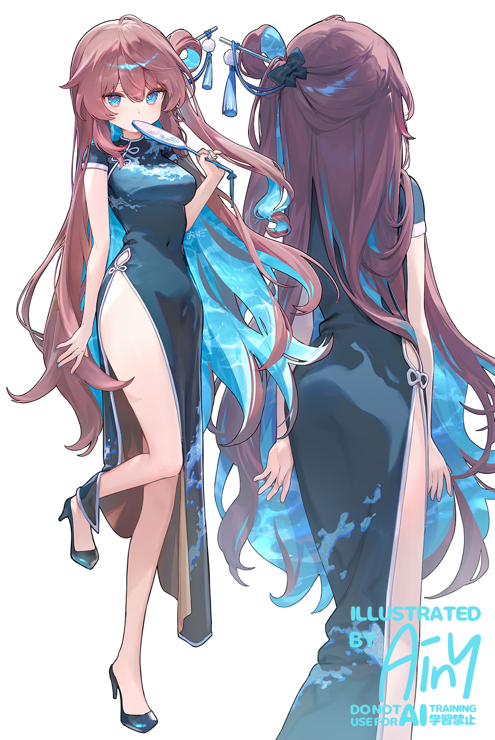 ainy, original, commentary request, highres, 1girl, blue eyes, blue hair, blue shoes, breasts, brown hair, china dress, chinese clothes, covered navel, dress, full body, hair between eyes, hair ornament, hair stick, high heels, large breasts, long hair, multicolored hair, multiple views, shoes, short sleeves, standing, standing on one leg, two-tone hair, very long hair, watermark