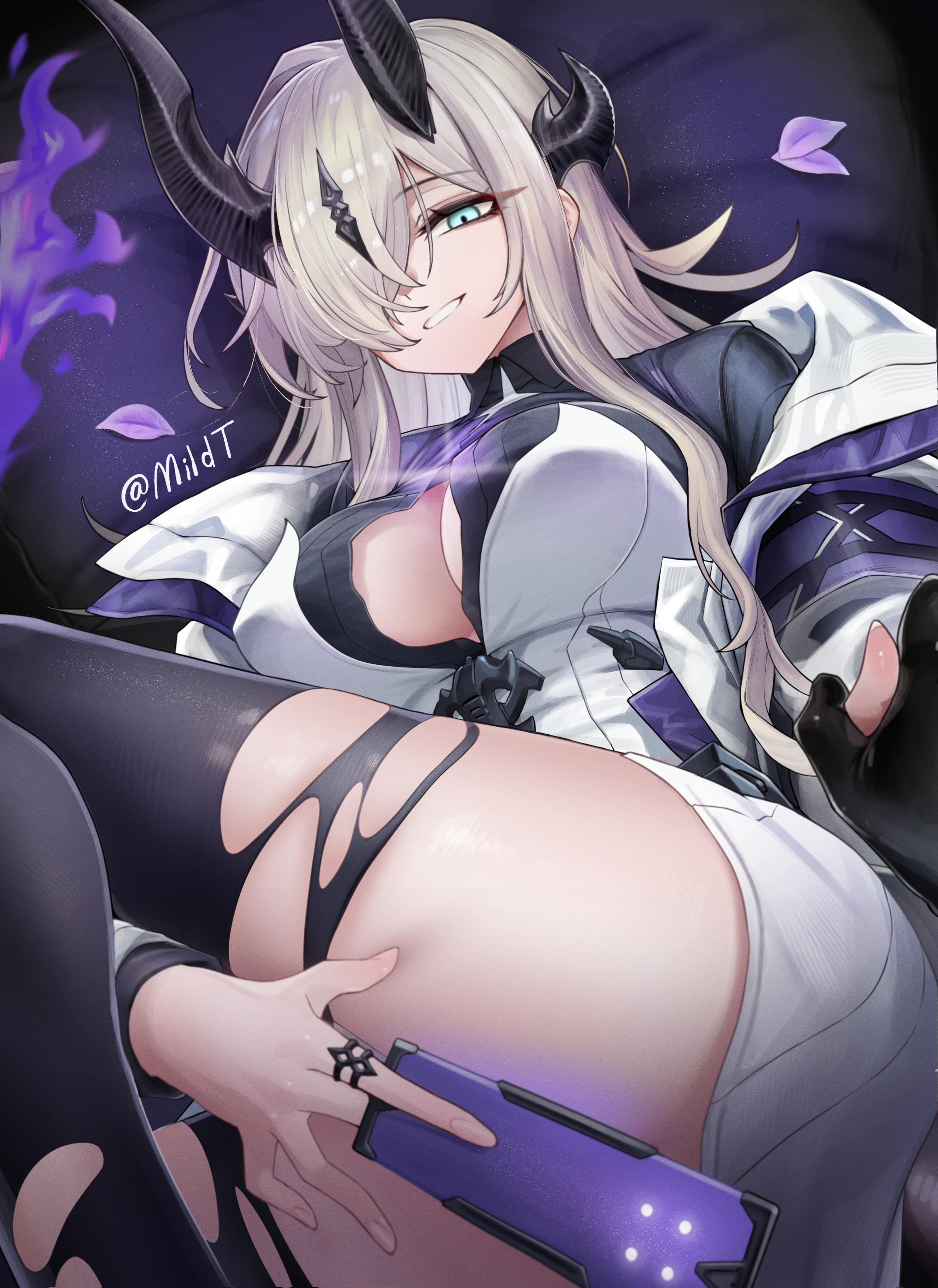 mildt, necrass (arknights), arknights, absurdres, commentary, highres, paid reward available, 1girl, black gloves, black horns, black thighhighs, blue eyes, breasts, covered erect nipples, dress, from below, gloves, grey hair, grin, hair over one eye, holding hands, horns, jacket, large breasts, long hair, looking at viewer, looking down, open clothes, open jacket, pov, smile, solo focus, teeth, thighhighs, torn clothes, torn thighhighs, twitter username, white dress, white jacket