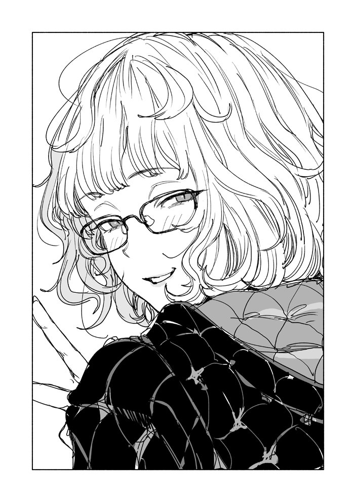 birdhatter, jacques de molay (foreigner) (fate), jacques de molay (foreigner) (second ascension) (fate), fate/grand order, fate (series), 1girl, blush, glasses, hood, hood down, hoodie, looking at viewer, loose hair strand, messy hair, open mouth, short hair, v