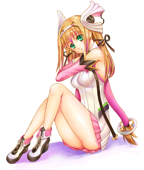 aurica nestmile, ar tonelico, ar tonelico i, gust, 00s, 1girl, ass, blush, boots, breasts, elbow gloves, female focus, gloves, green eyes, hairband, long hair, orange hair, ribbon, sitting, skirt, solo