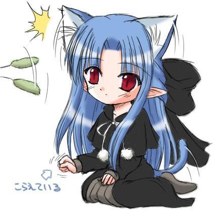 len (tsukihime), type-moon, lowres, animal ears, blush, cat ears, cat tail, dress, long hair, red eyes, tail