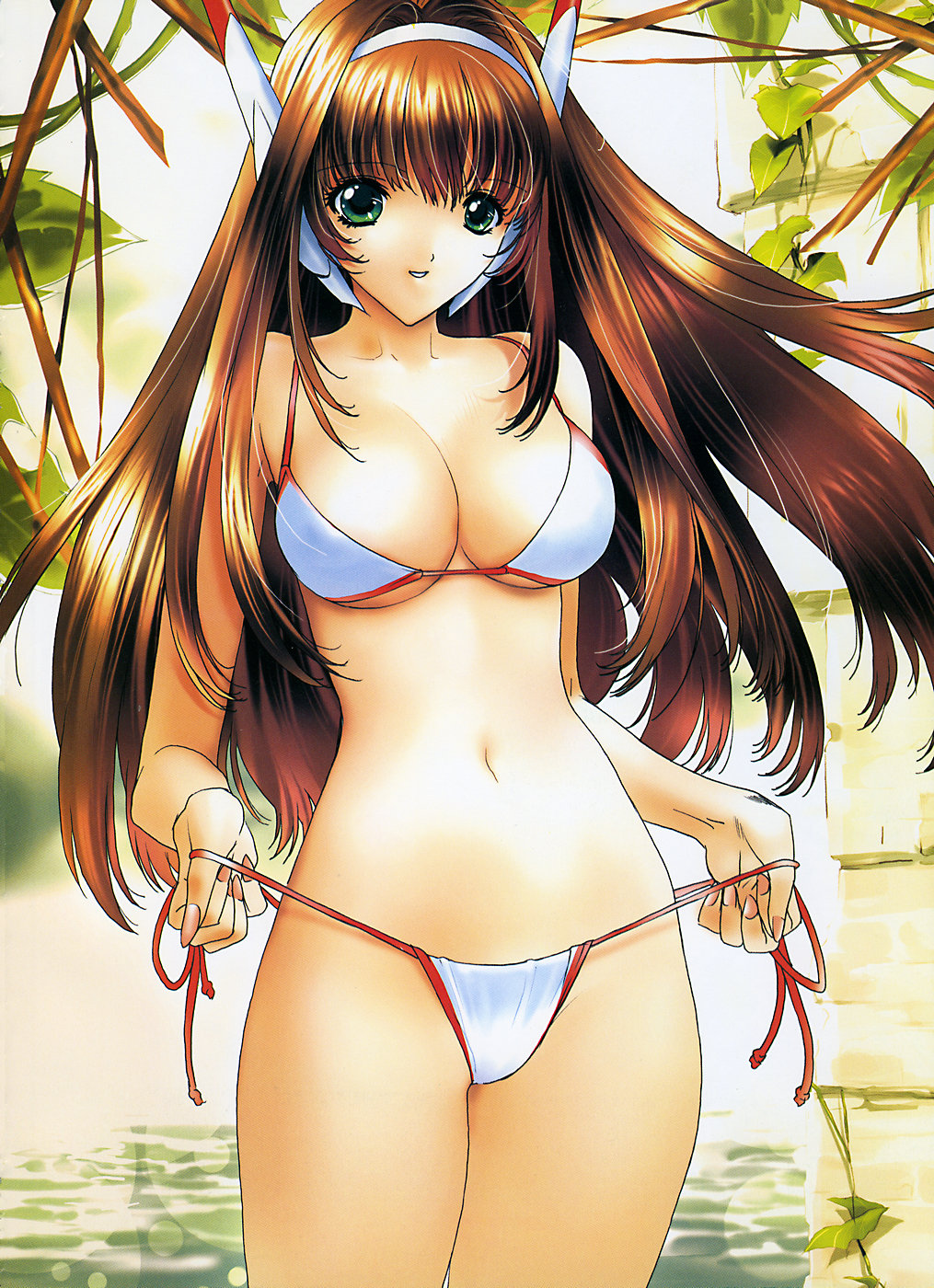 am-dvl, serio (to heart), to heart, to heart (series), to heart 2, highres, 00s, 1girl, android, bikini, breasts, brown hair, cleavage, female focus, green eyes, long hair, robot ears, side-tie bikini bottom, solo, swimsuit, undressing, water, white bikini