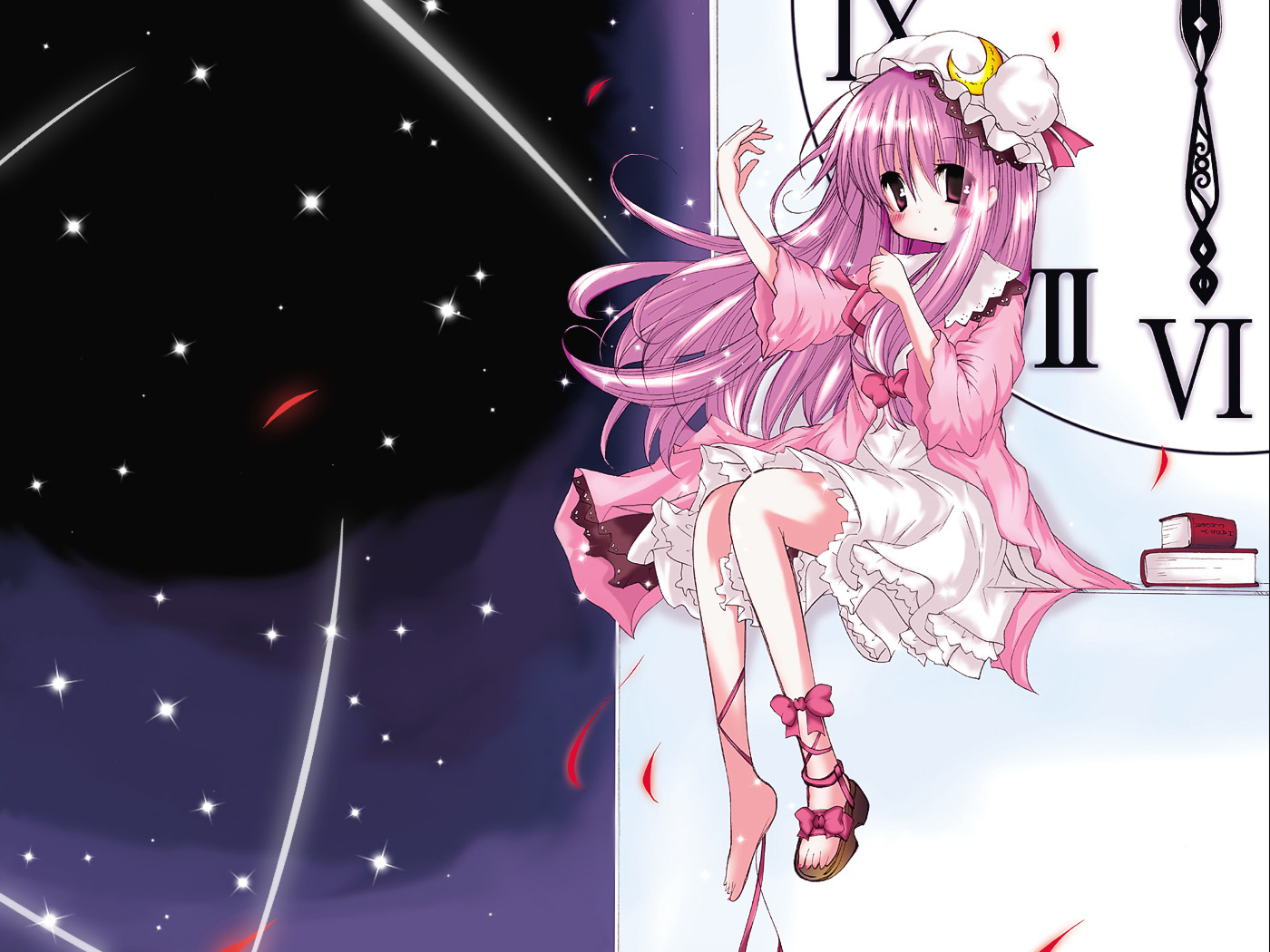 catbell, patchouli knowledge, touhou, 1girl, blush, book, bow, clock, clock tower, crescent, crescent hair ornament, dress, female focus, hair bow, hair ornament, hat, long hair, long sleeves, looking at viewer, mob cap, pink bow, purple eyes, purple hair, sandals, shoes, single shoe, sitting, skirt, sky, solo, star (sky), starry sky, tower