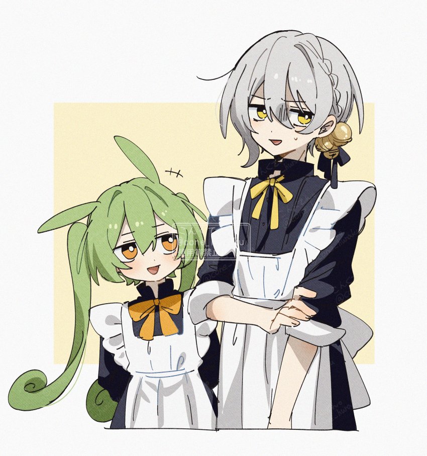 corn kuten, iori yuzuru, zundamon, voiceroid, voicevox, commentary request, +++, 2girls, :d, alternate costume, apron, bell, black dress, border, bow, bowtie, cropped torso, double-parted bangs, dress, enmaided, green hair, grey hair, hair bell, hair between eyes, hair ornament, long hair, looking to the side, maid, multiple girls, neck ribbon, open mouth, orange bow, orange bowtie, orange eyes, outside border, ribbon, short hair, short sleeves, simple background, smile, sweatdrop, watermark, white apron, white border, yellow background, yellow eyes, yellow ribbon