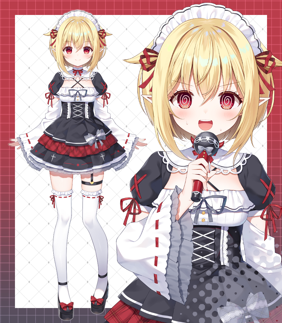 mauve, commentary request, copyright request, korean commentary, textless version, 1girl, :d, @ @, black dress, black shoes, blonde hair, blush, bow, dress, frilled thighhighs, frills, hair between eyes, holding, holding microphone, long sleeves, looking at viewer, maid headdress, microphone, multiple views, open mouth, pointy ears, puffy short sleeves, puffy sleeves, red bow, red eyes, ribbon-trimmed sleeves, ribbon-trimmed thighhighs, ribbon trim, shoes, short sleeves, sleeves past wrists, smile, standing, sweat, thighhighs, v-shaped eyebrows, virtual youtuber, white background, white thighhighs, wide sleeves
