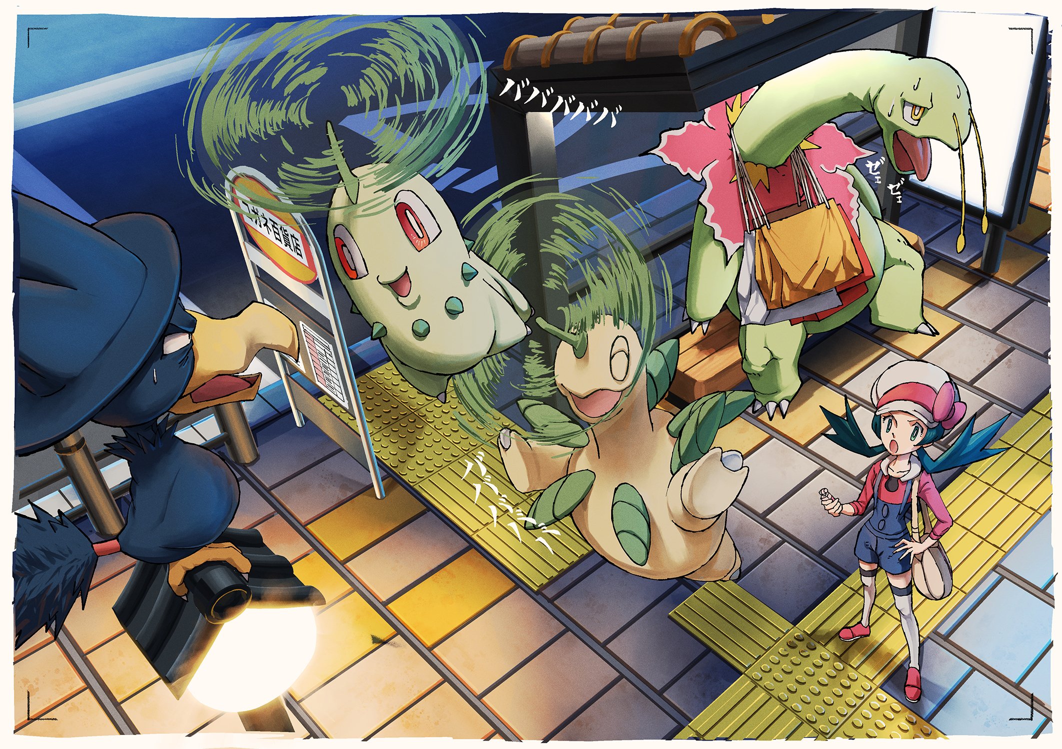 how long, bayleef, chikorita, kris (pokemon), lyra (pokemon), meganium, murkrow, nintendo, pokemon, pokemon hgss, highres, angry, apron, bag, black feathers, blank eyes, blue hair, exhausted, feathers, floor tiles, gen 2 pokemon, hat, lamppost, leaf, light fixture, overalls, petals, propeller, red eyes, red shirt, red shoes, shirt, shoes, sign, subway station, sweat, tile floor, tiles, yellow eyes