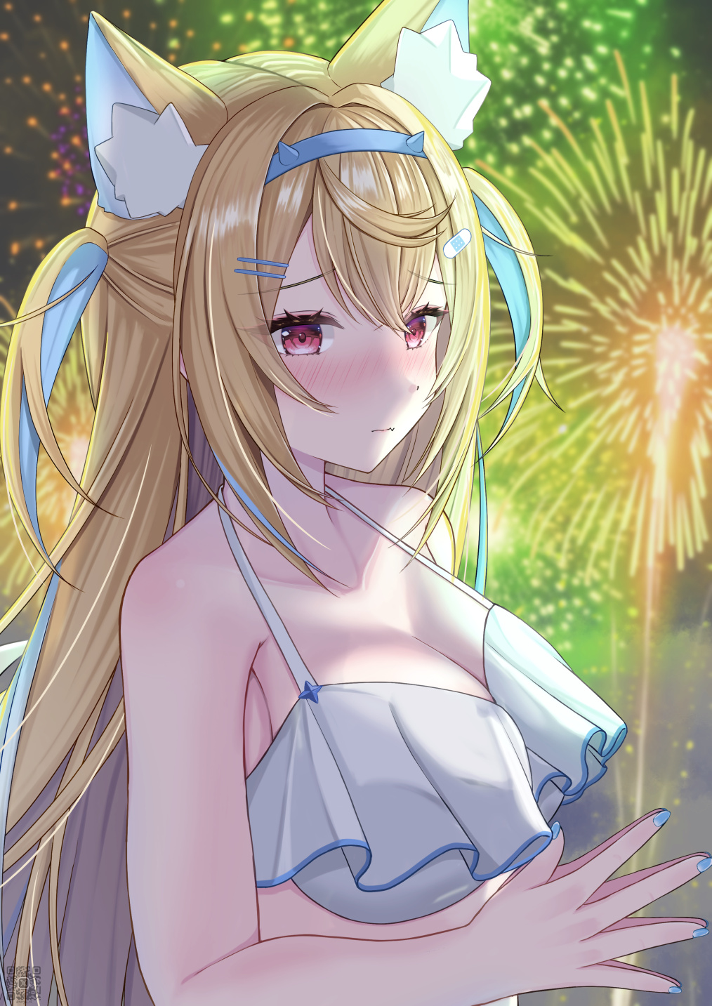 naryuu (like-af), fuwawa abyssgard, hololive, hololive english, highres, 1girl, aerial fireworks, alternate costume, animal ear fluff, animal ears, bandaid, bandaid hair ornament, bare arms, bare shoulders, bikini, blonde hair, blue hair, blue nails, blue trim, blush, breasts, cleavage, closed mouth, collarbone, dog ears, dog girl, fireworks, frilled bikini, frills, hair ornament, hairclip, long hair, medium breasts, parallel hairclips, pink eyes, solo, swimsuit, white bikini