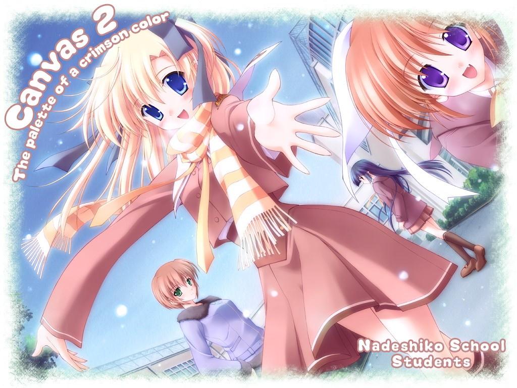 canvas, 00s, 4girls, blush, long hair, multiple girls, outdoors, school uniform, serafuku, skirt, sky
