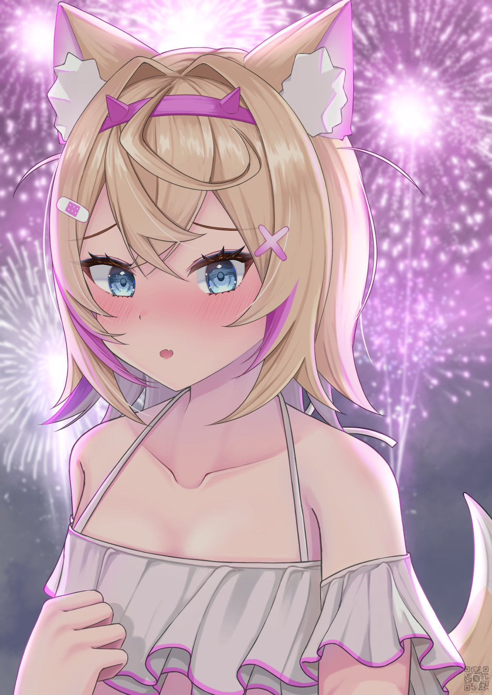 naryuu (like-af), mococo abyssgard, hololive, hololive english, highres, 1girl, aerial fireworks, alternate costume, animal ear fluff, animal ears, bandaid, bandaid hair ornament, bare arms, bare shoulders, bikini, blonde hair, blue eyes, breasts, collarbone, dog ears, dog girl, dog tail, fireworks, frilled bikini, frills, hair ornament, looking at viewer, multicolored hair, pink hair, pink nails, pink trim, short hair, small breasts, solo, swimsuit, tail, white bikini, x hair ornament