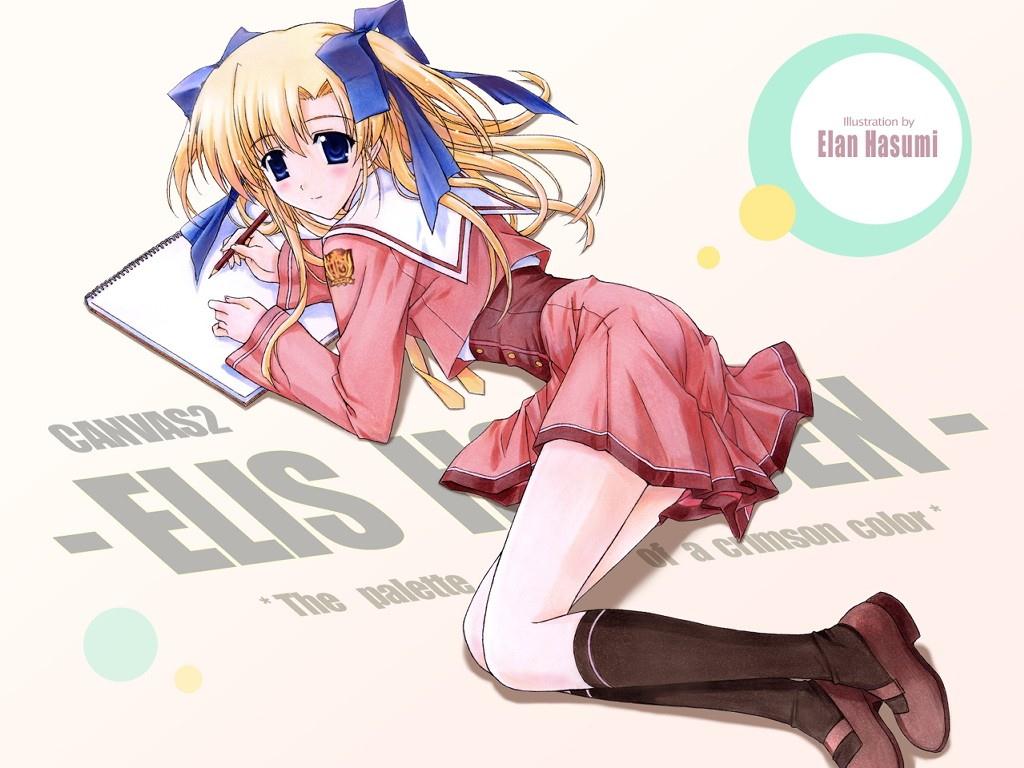 hasumi elan, housen elis, canvas, canvas (cocktail soft), canvas 2, 00s, 1girl, blonde hair, blush, female focus, kneehighs, long hair, school uniform, serafuku, sketchbook, skirt, socks, solo