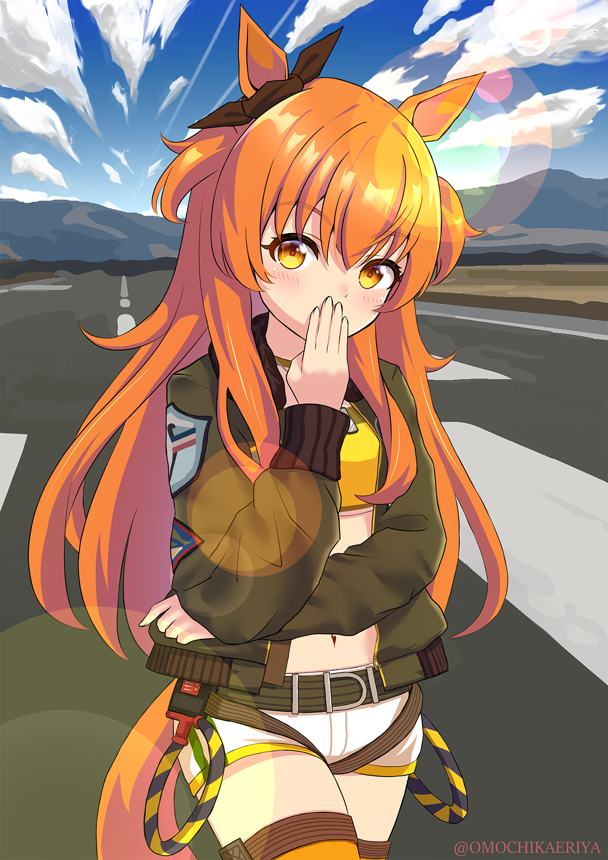 omochikaeriya, mayano top gun (umamusume), umamusume, commentary, highres, 1girl, animal ears, artist name, belt, blush, bomber jacket, bow, breasts, brown ribbon, cloud, covering own mouth, cowboy shot, day, dog tags, ear bow, ear ribbon, green belt, green jacket, hair between eyes, horse ears, horse girl, horse tail, jacket, long hair, long sleeves, looking at viewer, mountain, navel, open clothes, open jacket, orange eyes, orange hair, orange tail, outdoors, ribbon, runway, short shorts, shorts, sky, small breasts, solo, standing, sun glare, tail, tank top, thighhighs, twitter username, two side up, white shorts