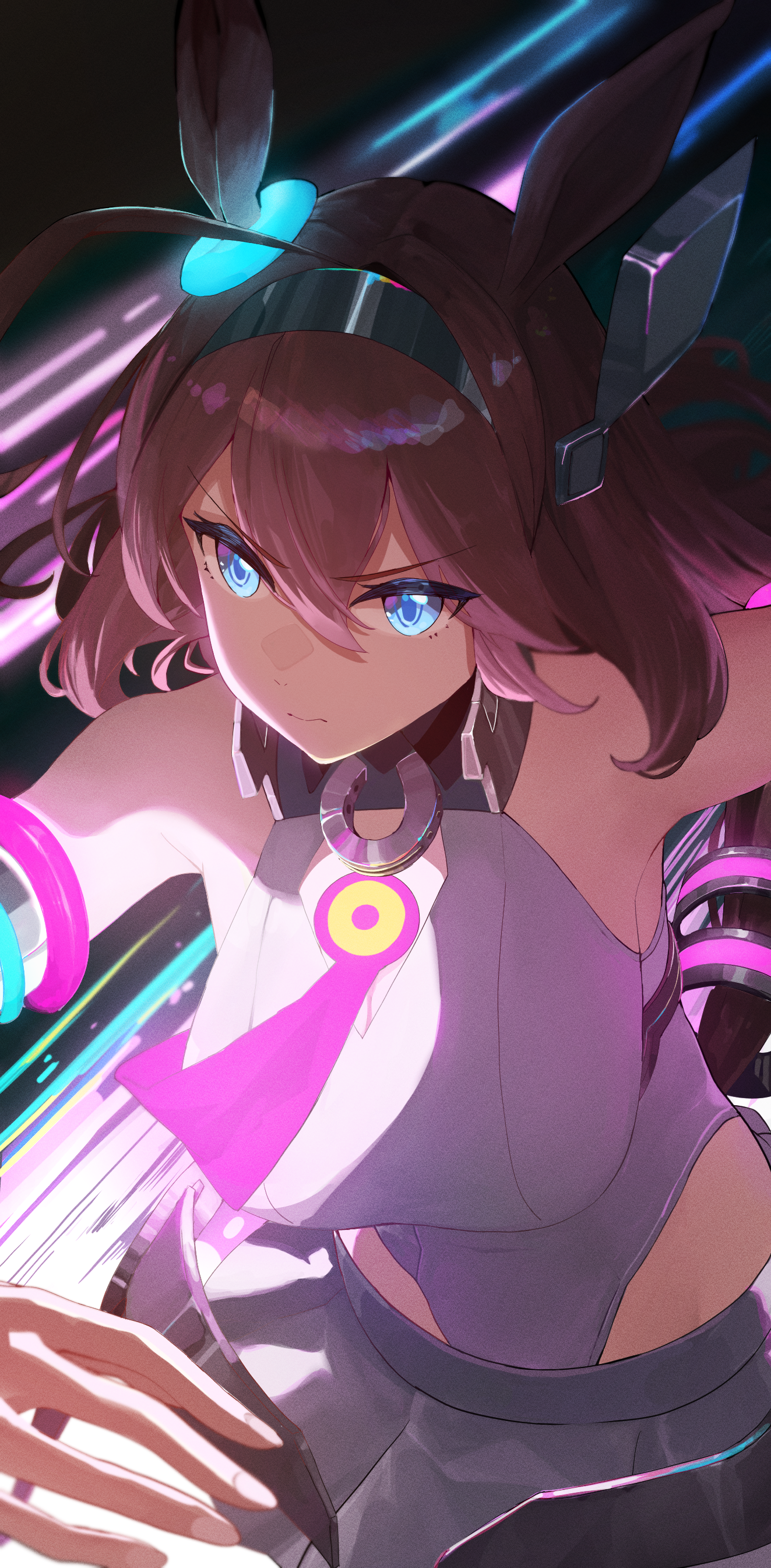 ailushin, mihono bourbon (umamusume), umamusume, absurdres, commentary, english commentary, highres, 1girl, ahoge, animal ears, blue eyes, breasts, closed mouth, covered navel, ear ornament, grey hairband, hair between eyes, hairband, horse ears, horse girl, horse tail, large breasts, leotard, leotard under clothes, long hair, necktie, neon trim, pink necktie, silver hairband, skirt, solo, tail, v-shaped eyebrows, white leotard, white skirt