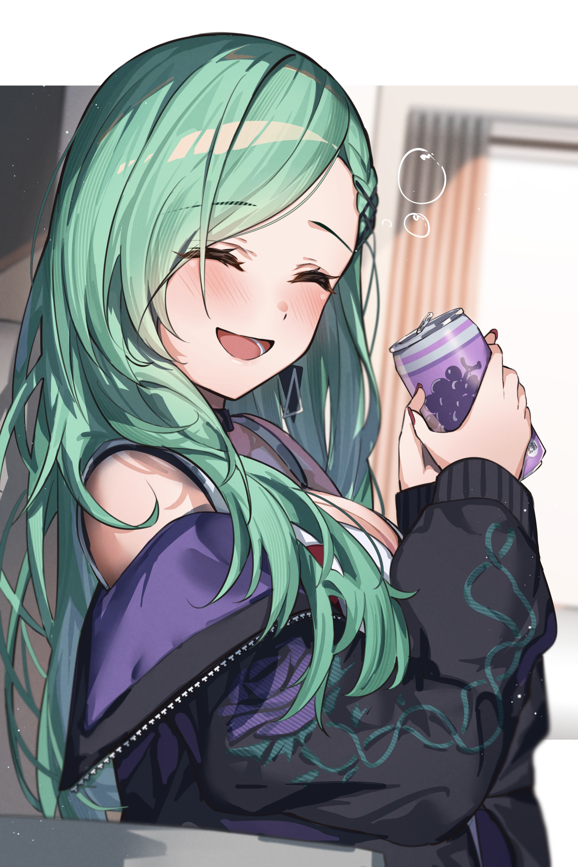 ringozeri, yakumo beni, yakumo beni (4th costume), vspo!, absurdres, commentary request, highres, 1girl, bare shoulders, black choker, black jacket, braid, braided bangs, breasts, can, choker, cleavage, closed eyes, drink can, drunk, facing viewer, floral print, food print, fruit print, grape print, green eyes, holding, holding can, jacket, light blush, long hair, lower teeth only, off shoulder, open mouth, red nails, rose print, solo, squeans, tank top, teeth, upper body, virtual youtuber, white tank top