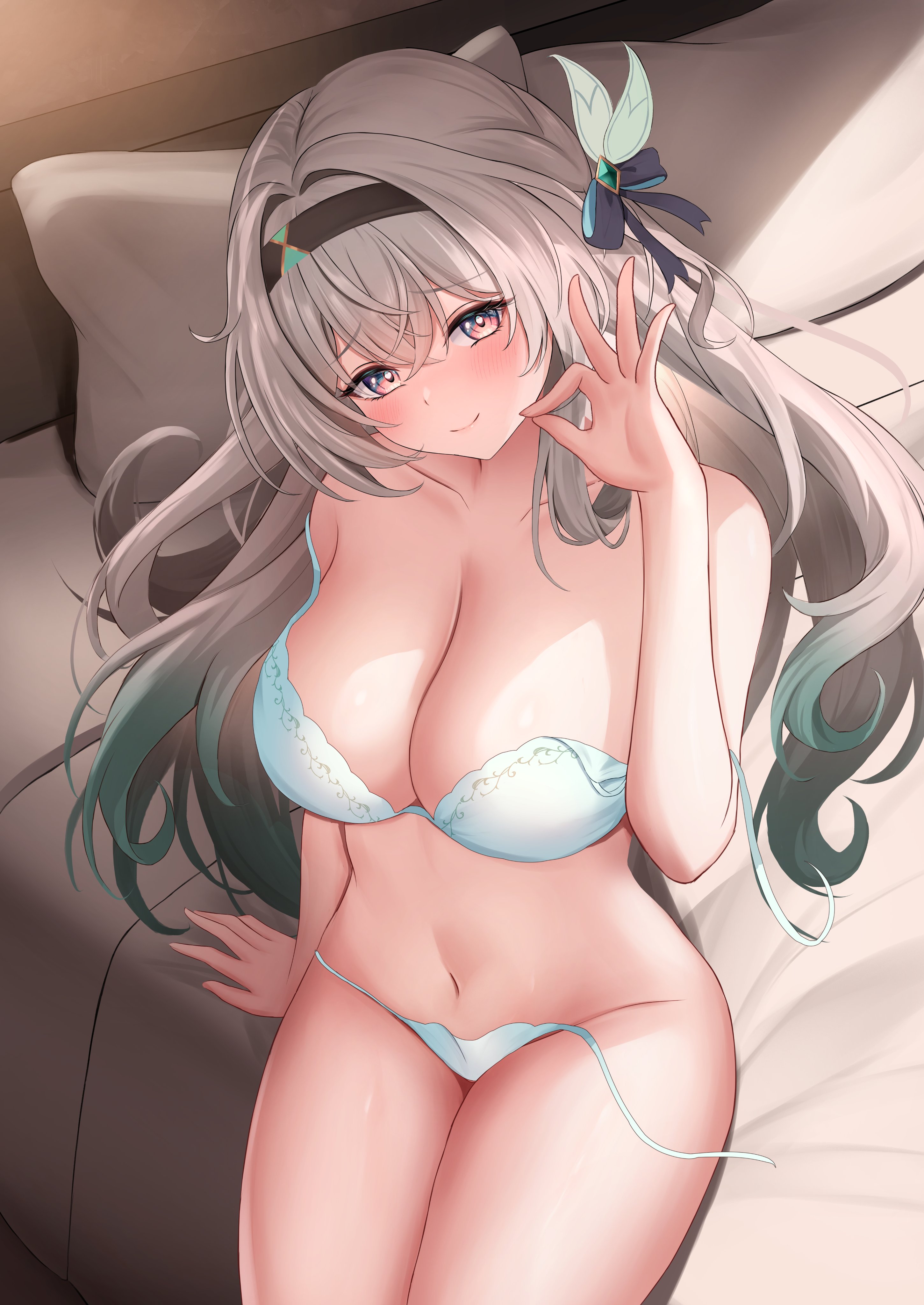 shouhaku0512, firefly (honkai: star rail), honkai: star rail, honkai (series), absurdres, commentary request, highres, 1girl, aqua bra, aqua hair, aqua panties, black hairband, blush, bra, breasts, cleavage, closed mouth, double strap slip, gradient hair, grey hair, hairband, hand up, large breasts, long hair, looking at viewer, multicolored hair, navel, ok sign, on bed, panties, side-tie panties, sitting, smile, solo, stomach, underwear, untied panties, very long hair