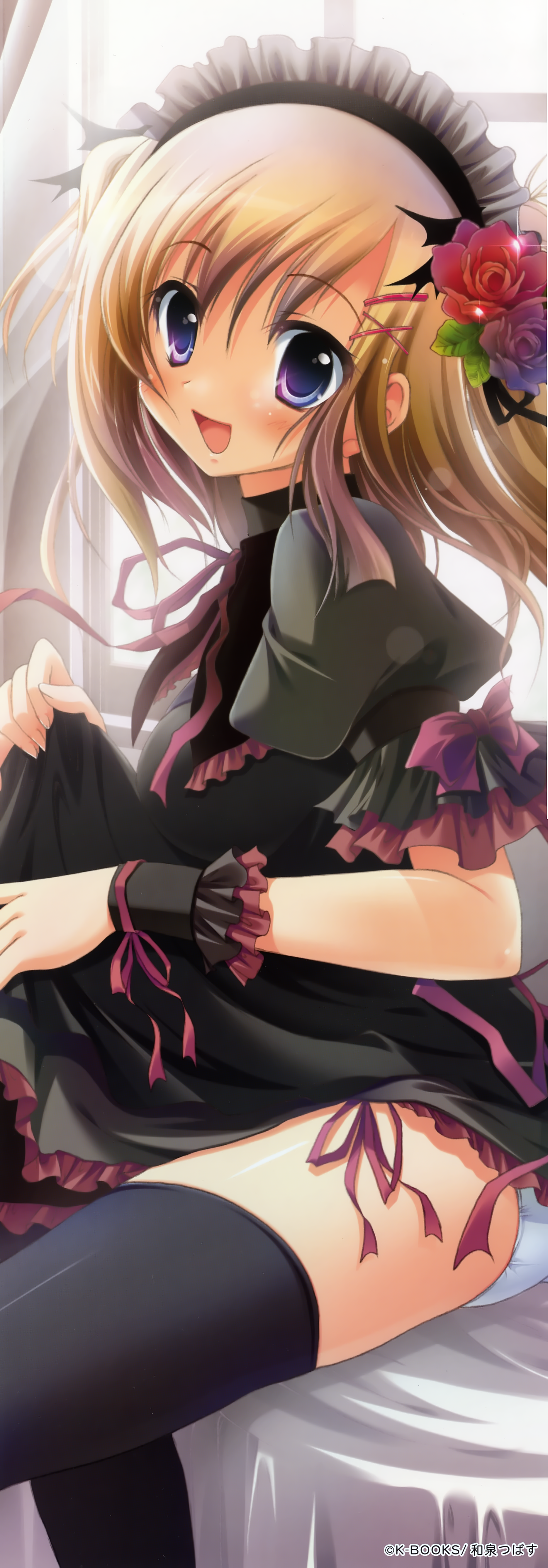 absurdres, highres, long image, tall image, blush, short hair, skirt, thighhighs