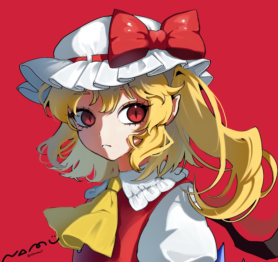 flandre scarlet, touhou, 168namu3, 1girl, ascot, blonde hair, bow, crystal, eyelashes, frilled shirt collar, frills, frown, hat, hat bow, looking at viewer, mob cap, puffy sleeves, red background, red bow, red eyes, red shirt, shirt, side ponytail, signature, slit pupils, upper body, white sleeves, yellow ascot