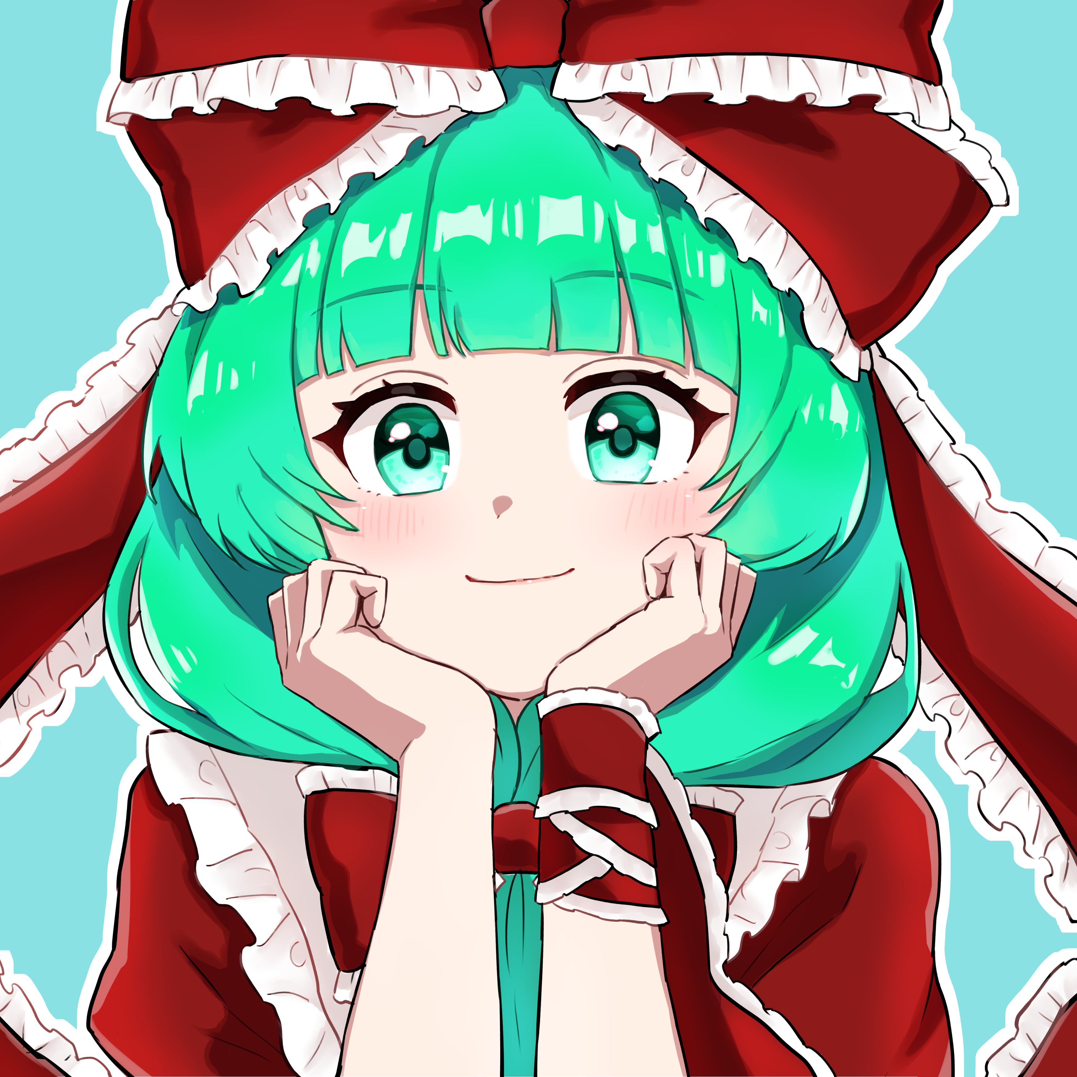kagiyama hina, touhou, absurdres, highres, 1girl, arm ribbon, blunt bangs, bow, collared dress, dress, frilled ribbon, frills, front ponytail, grandoqueen, green background, green eyes, green hair, hair ribbon, looking at viewer, red bow, red ribbon, ribbon, smile, solo