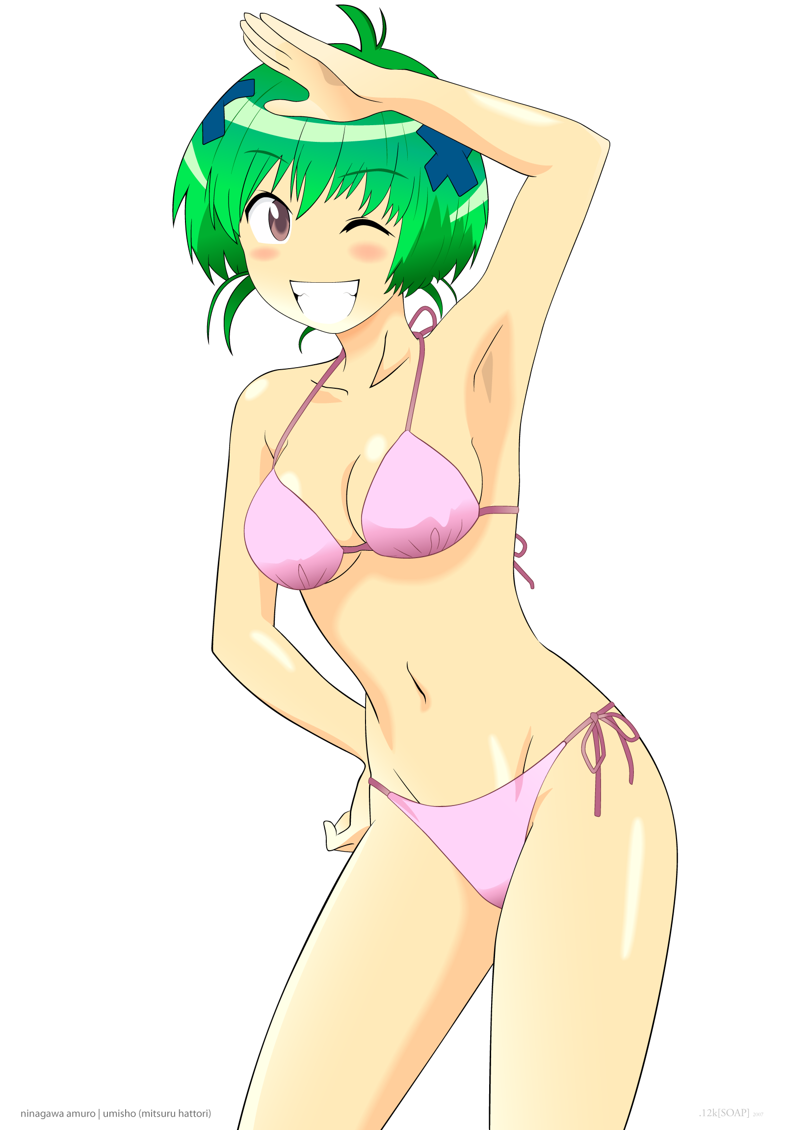 ninagawa amuro, kenkou zenrakei suieibu umishou, derivative work, highres, vector trace, 1girl, bikini, blush, brown eyes, female focus, green hair, hair ornament, pink bikini, short hair, side-tie bikini bottom, solo, swimsuit, x hair ornament
