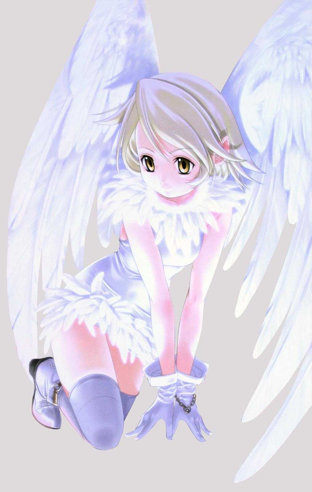 artist request, character request, copyright request, highres, tagme, 1girl, female focus, short hair, skirt, solo, thighhighs, wings