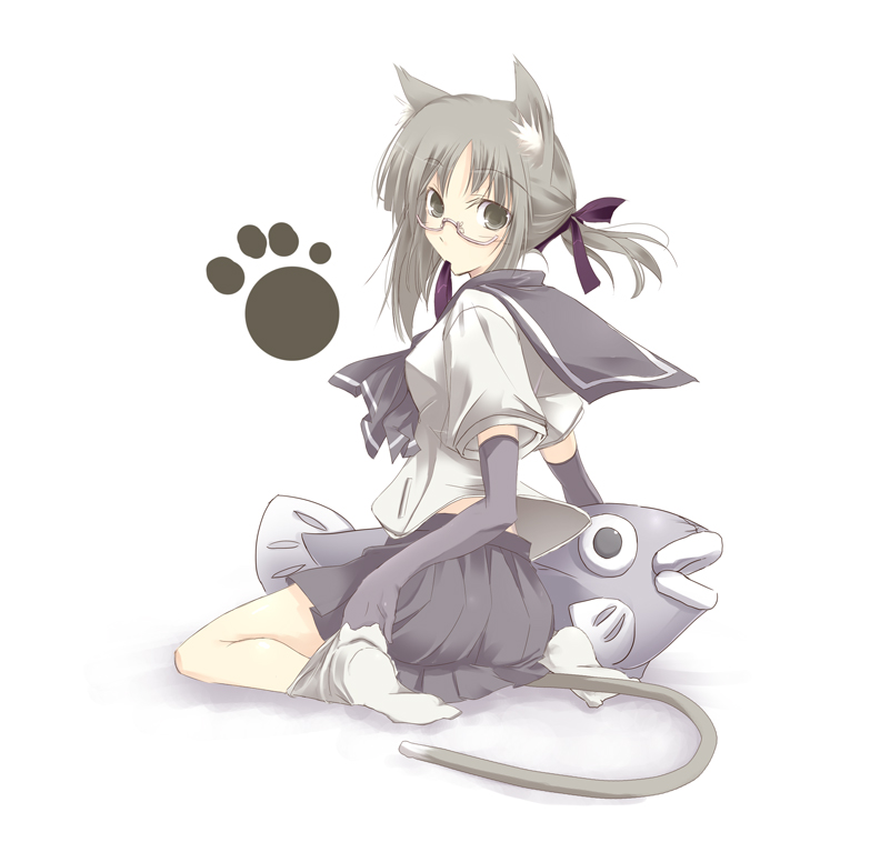 satomi (black scarecrow), original, silver hair, animal ears, cat ears, cat tail, elbow gloves, fish, glasses, gloves, school uniform, serafuku, short hair, skirt, solo, tail