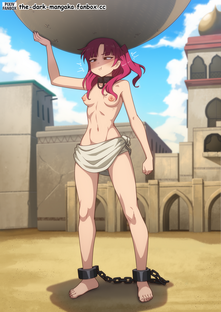 the dark mangaka, morgiana, magi the labyrinth of magic, 1girl, barefoot, breasts, feet, nipples, red hair, slave, solo